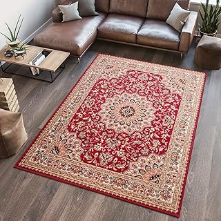 TAPISO Atlas Teppich Kurzflor Rot Creme Grün Klassisch Orientteppich Floral Mäander Orient Design Wohnzimmer Schlafzimmer ÖKOTEX 70 x 130 cm