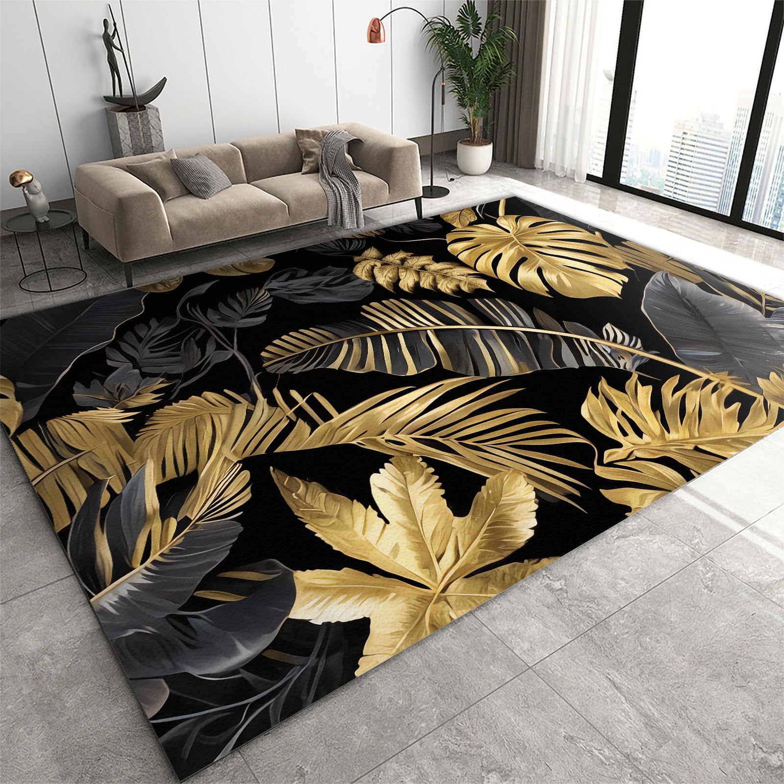 Black Gold Tropical Plants Area Rugs, Modern Light Luxury Foyer Mat, Large Carpet Soft With Non-slip Backing for Living Room Dining Room Bedroom Laundry Room Entryway Hallway Office Dorm-100 x 150 cm
