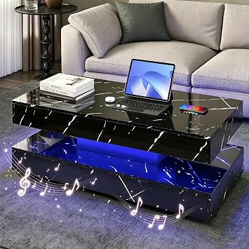 47.2" Black LED Coffee Table with Wireless Charging and Bluetooth Speaker
