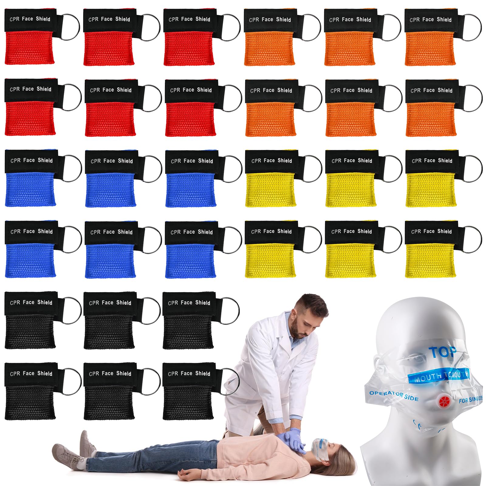 30 Stück Beatmungsmaske Schlüsselanhänger: CPR Maske Beatmungstuch Mit Rückschlagventil Atmen Barriere, Taschenmaske für Erste Hilfe oder AED Training (Rot, Blau, Schwarz, Grün, Gelb)