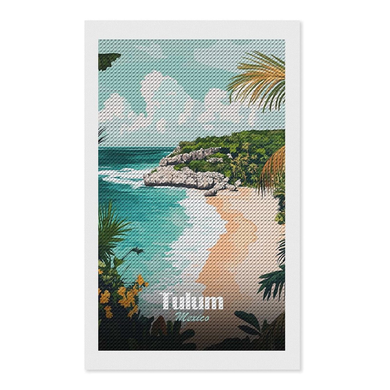 Junmoney Tulum Mexico Beach Landscape Illustration Crystal Diamond Art Kit 12"x20", Stress Relief Craft, Decorative Artwork, Vintage Style Decor, Birthday Gift