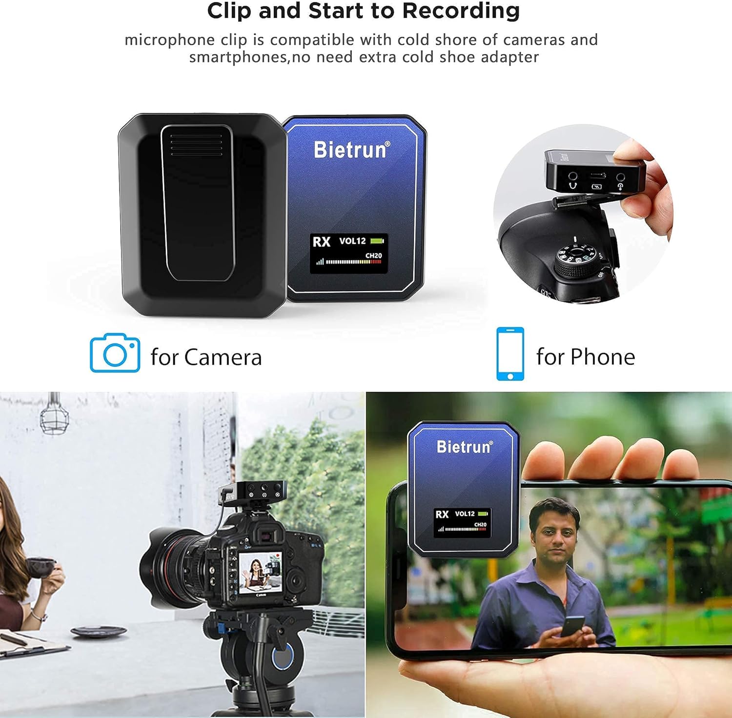 Bietrun UHF Wireless Lavalier Microphone System Compatible with DSLR Cameras, Camcorders, iPhone, Android Smartphones, Tablets, Rechargeable, for Youtube, Tiktok, Vlogging, Interview(164 ft Range) : Musical Instruments