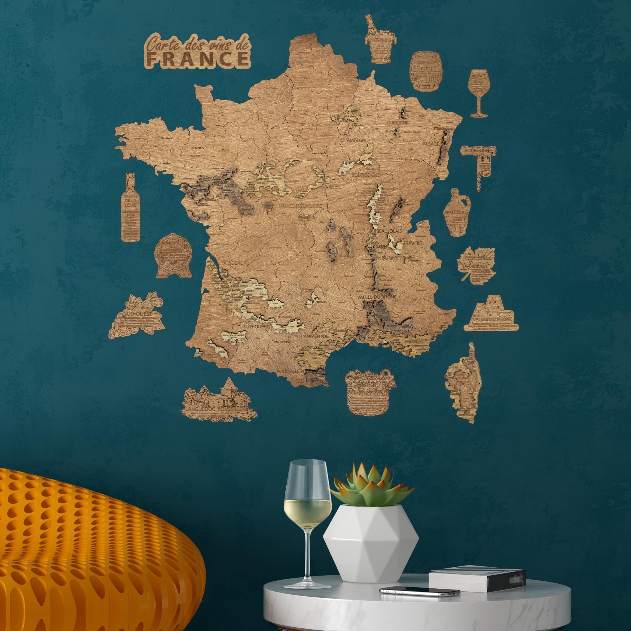 Creatifwood Carte des vins de France et des régions viticoles en bois décoration murale - effet 3D unique