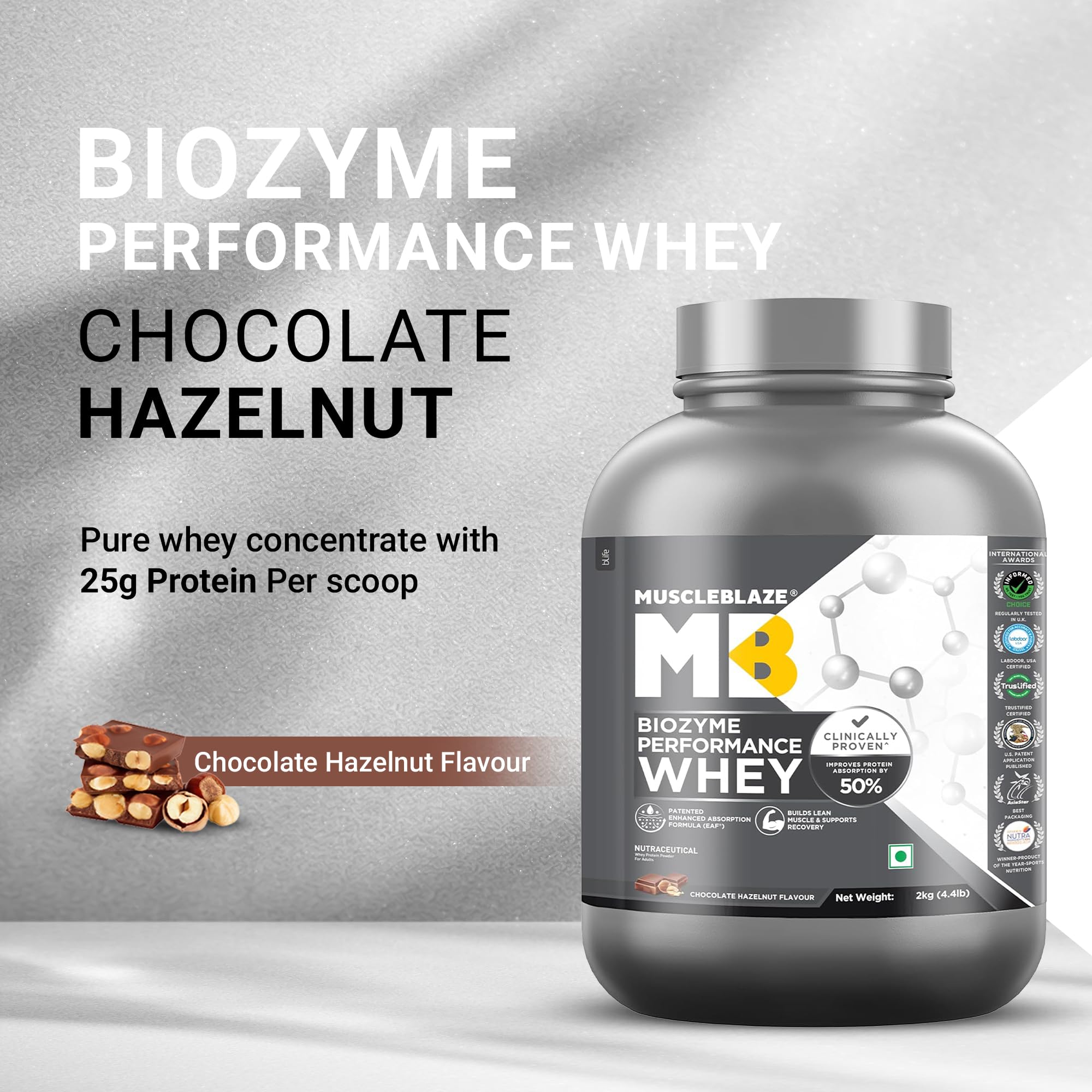 MuscleBlaze Biozyme Performance Whey Protein Powder, Chocolate Hazelnut (2kg / 4.4lbs) | 25g Protein Per Scoop | Clinically Tested 50% Higher Protein Absorption Product Image 2