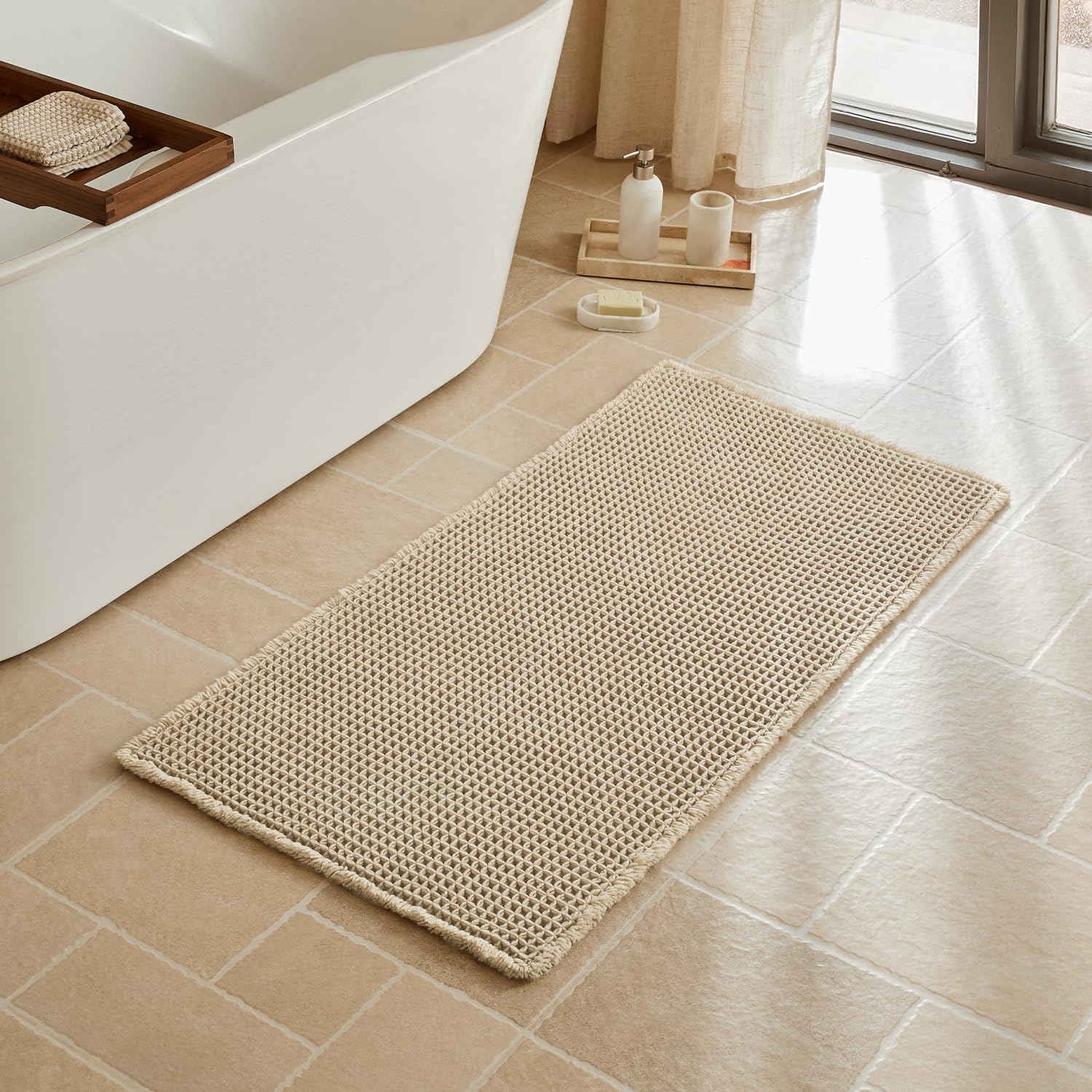 Triohero Waffle Bath Mat, Boho Bathroom Rugs Non Slip Washable, Ultra Soft Super Absorbent Quick Dry Farmhouse Bathroom Decor, 24" x 48", Pale Beige