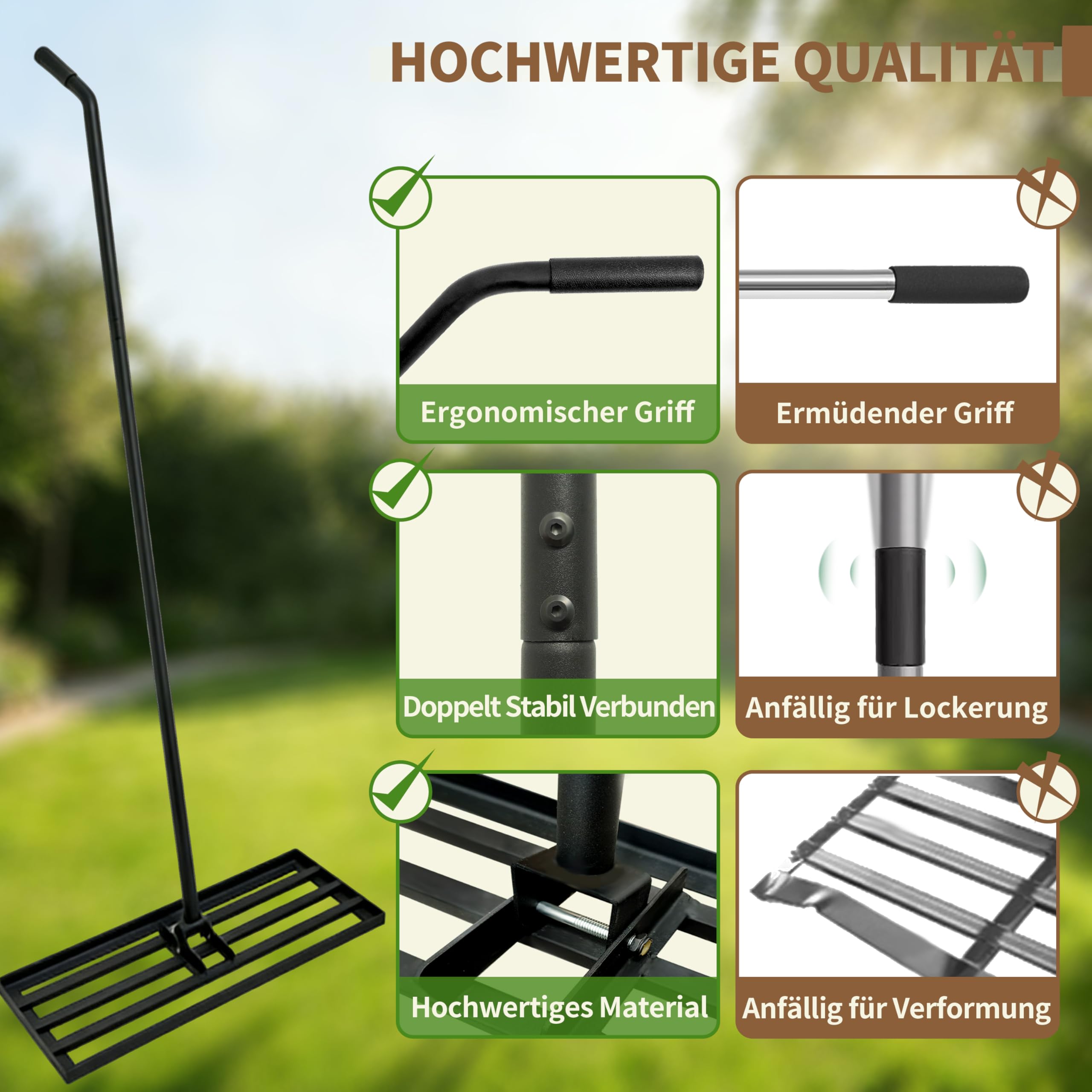 Rasen Rakel XXL,120x25cm Schwerer Nivellierrechen mit ergonomisch gebogenem 185cm Griff,Rasenrechen für Erde, Kies, Dünger, Ideal für Garten, Hof und Golfplatz Rasennivellierer