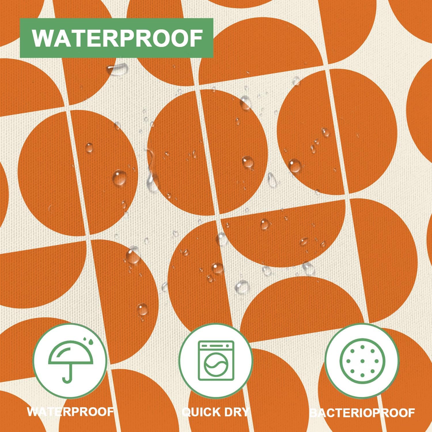 Rideau de Douche Vert Style Moderne du Milieu du siècle, 240 x 200 cm, Motif géométrique Abstrait rétro Orange, Style bohème, avec Crochets