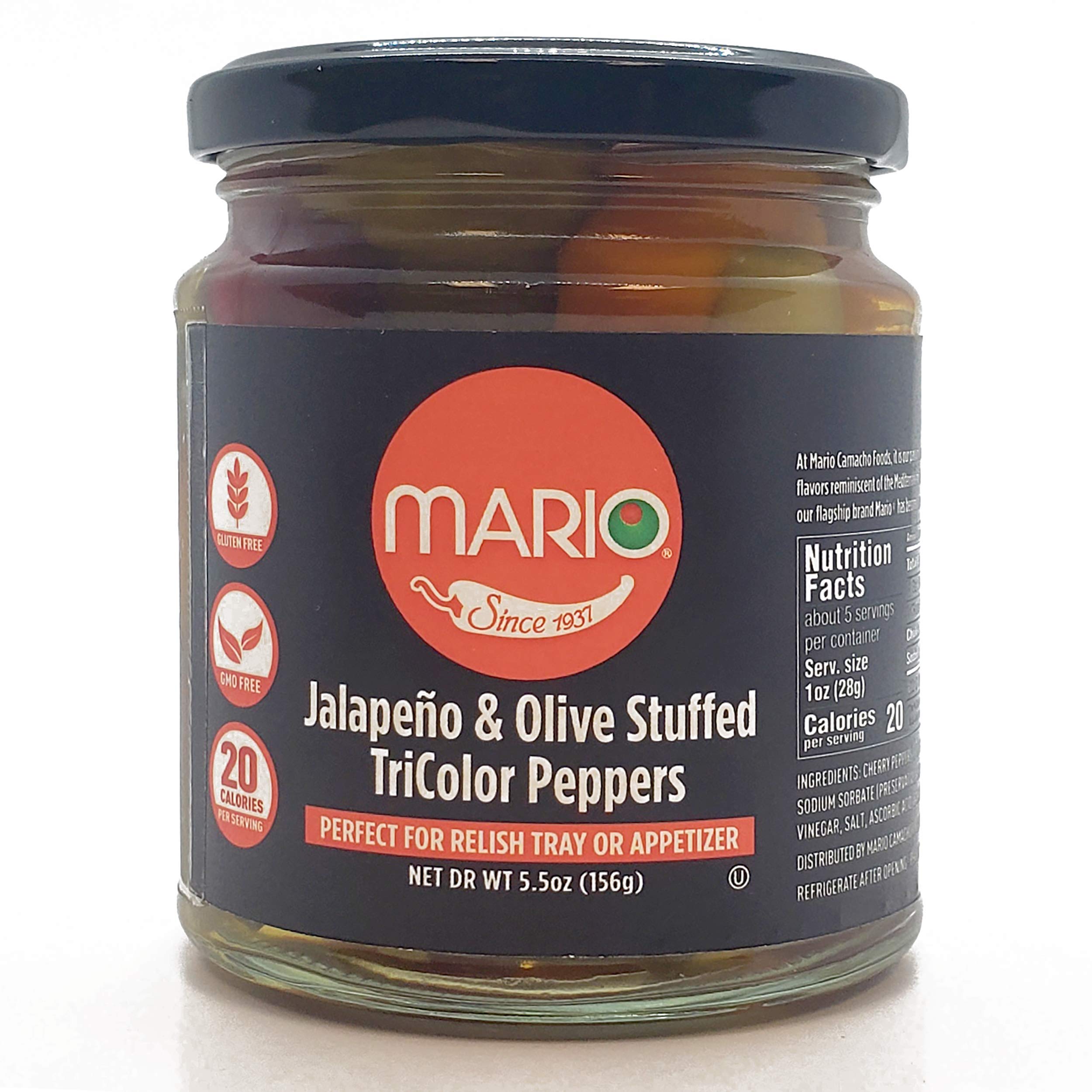Mario Camacho Tri Color Sweet Cherry Peppers Stuffed With Olives, Sweet & Hot, 6.35 Fl Ounce