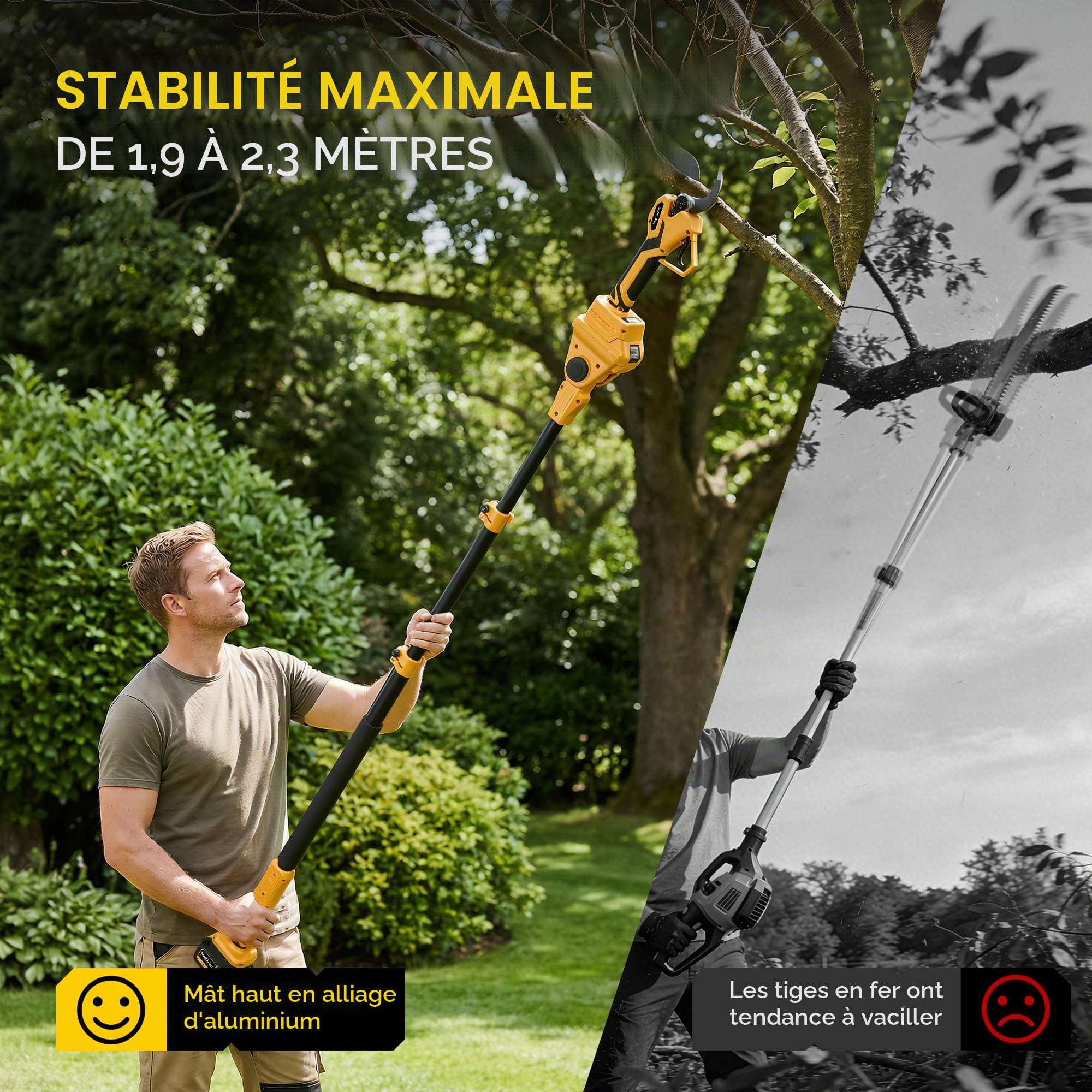 Sécateur électrique 4 en 1 avec 2 batteries de 4000 mAh, outil de jardin de 20 cm avec manche télescopique, lame de 40 mm, moteur sans balais, longueur 2,3 m