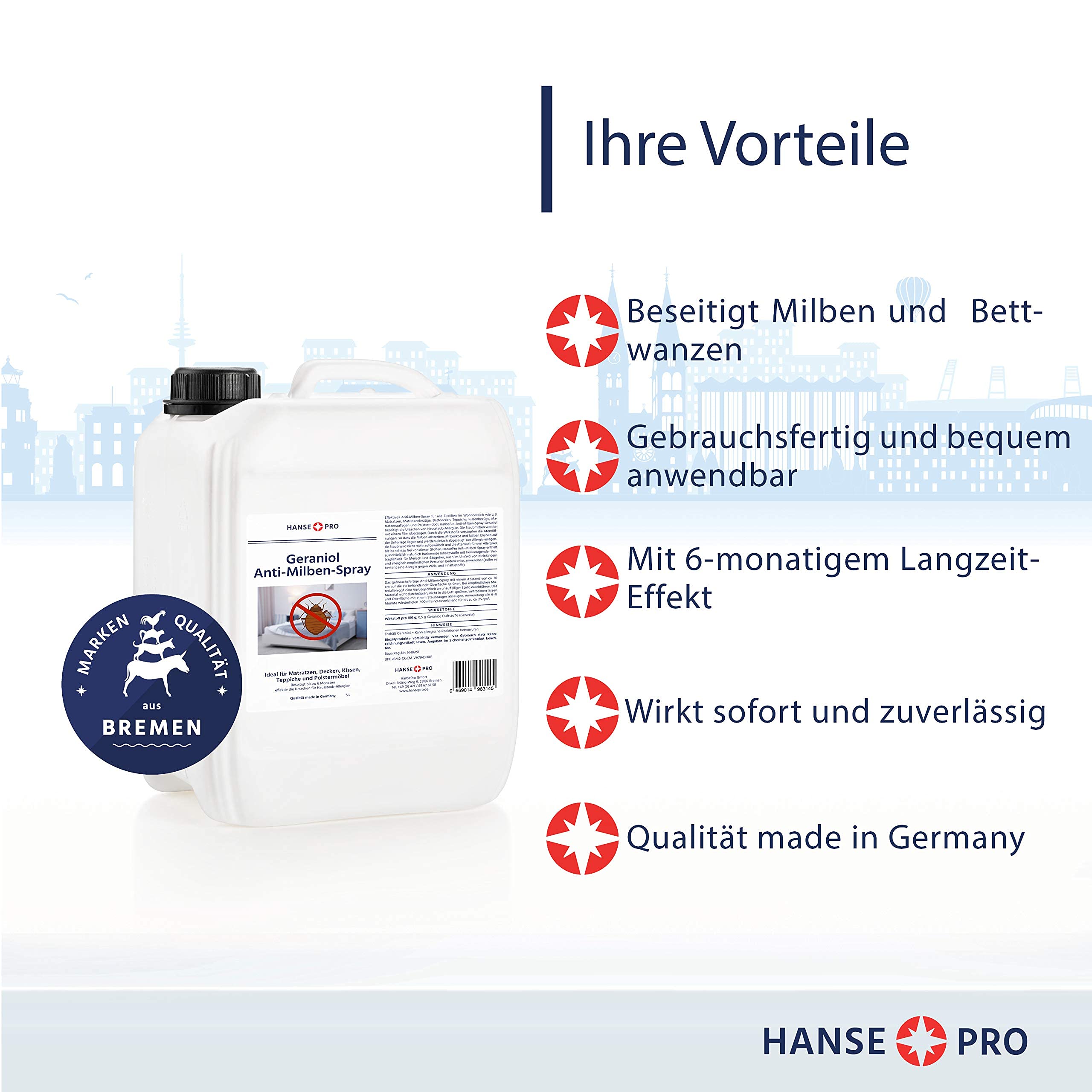 HANSE PRO Geraniol Anti-Milben-Mittel, 5 Liter Kanister I Hausstaub-Spray I Milbenschutz I hochwirksames Spray gegen Milben- & Bettwanzen I Hausstaubmilben-Allergie I Milbenbekämpfung