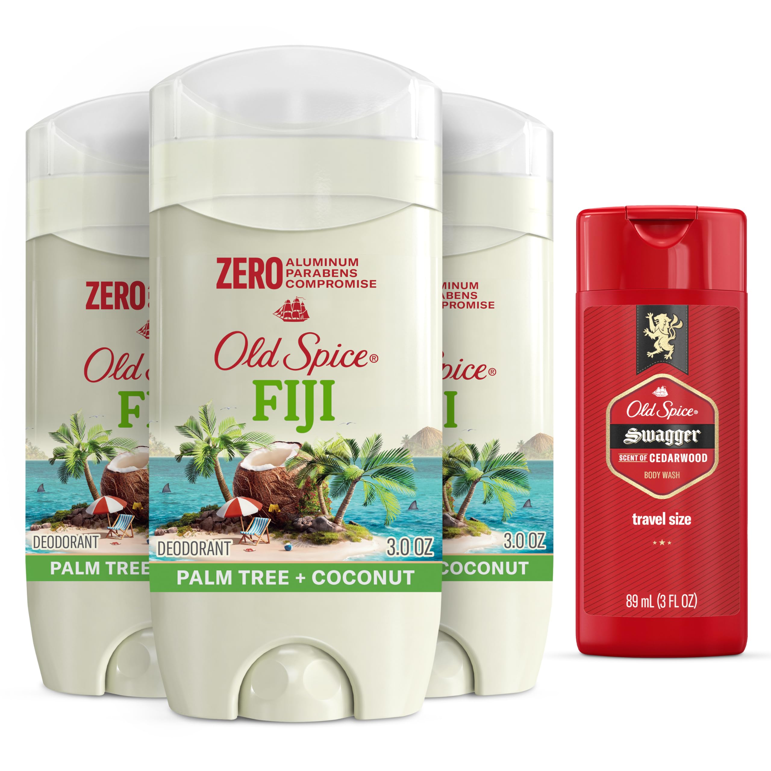 Old SpiceAluminum Free Deodorant for Men, 24/7 Long Lasting Freshness, 24/7 Sweat & Odor Protection, Fiji with Palm Tree Scent Deodorant with Travel-Size Swagger Scent Body Wash, 3 oz (Pack of 3)