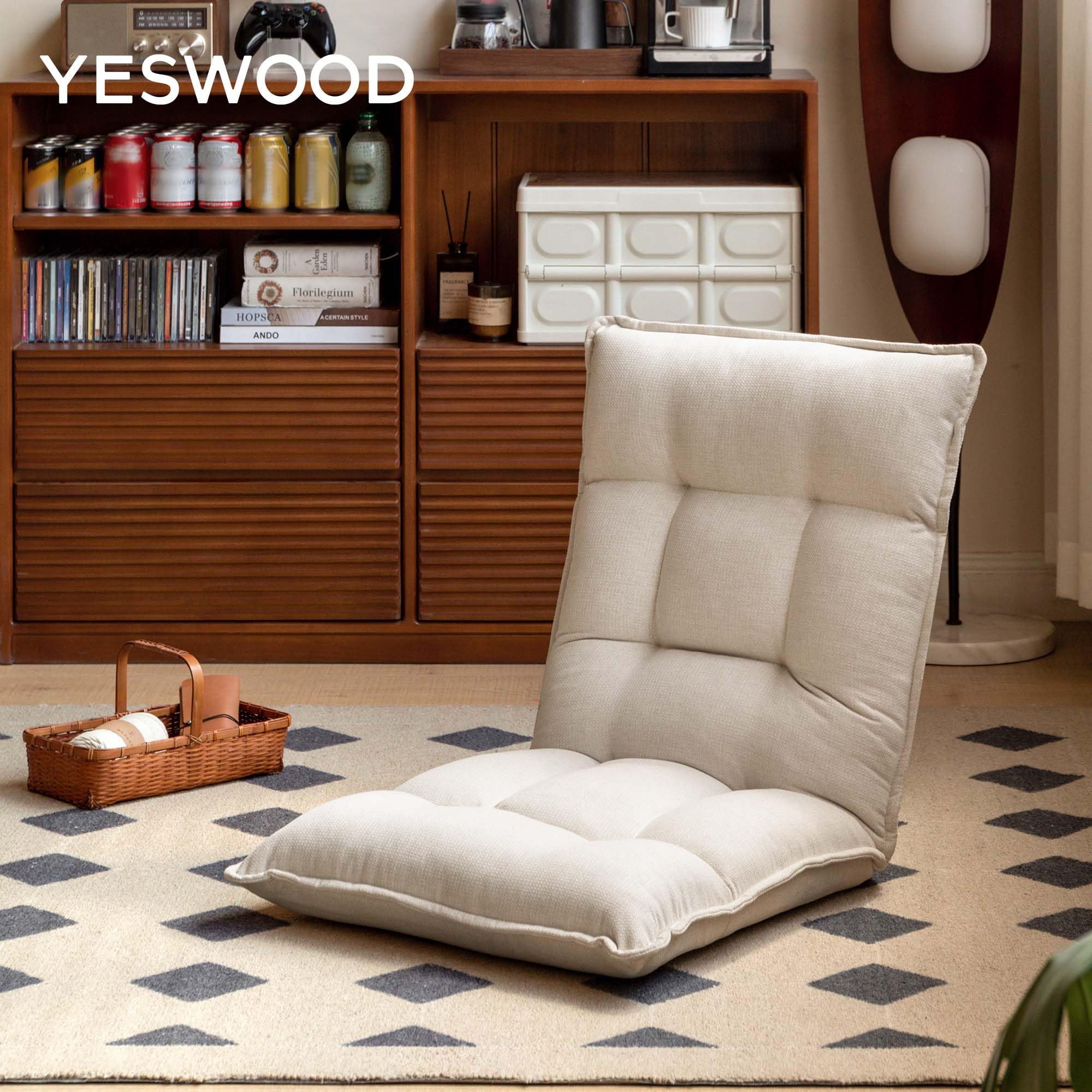 YESWOOD Fauteuil de Sol Réglable 42 Positions, Dossier 90°-180° avec Appui-Tête, Chaise de Sol Paresseux Pliable, Fauteuil Relax Confortable pour Salon, Chambre, Blanc