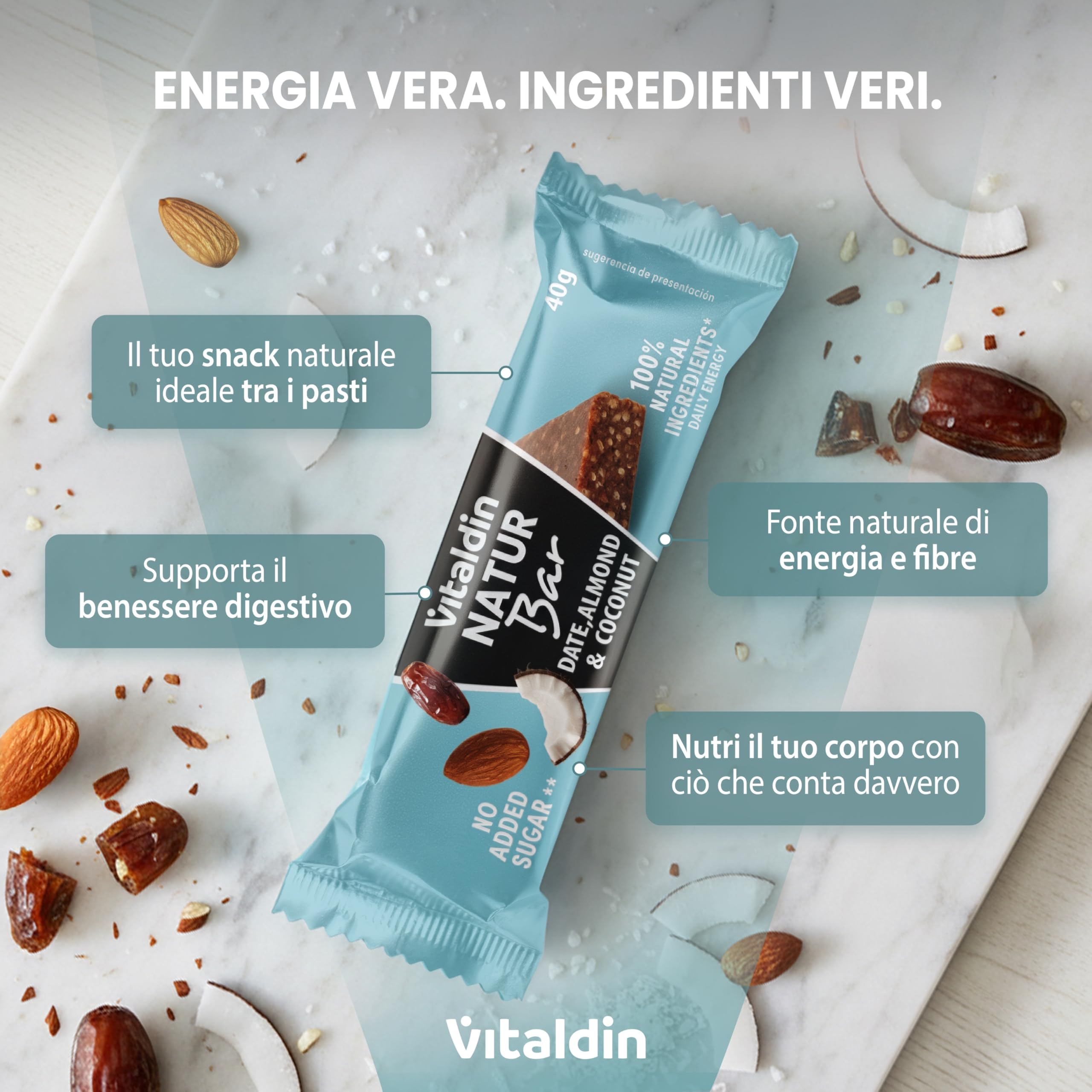 VITALDIN Barrette Energetiche Natur Bar Mandorla e Cocco – Senza Zuccheri Aggiunti e Vegane – Barrette Naturali con Datteri e Frutta Secca – Confezione da 12 x 40g