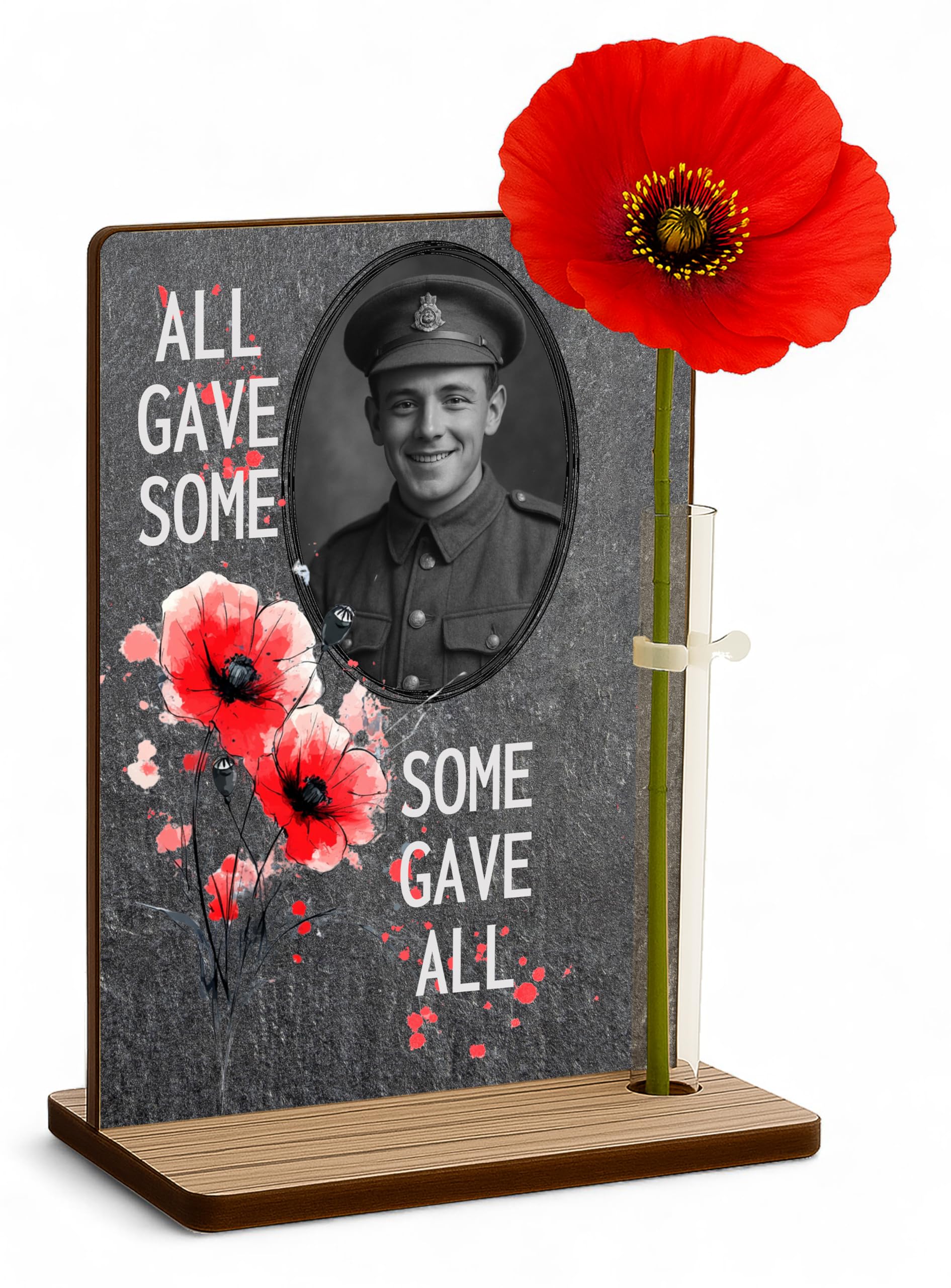 Personalised Remembrance Sunday Poppy Freestanding Memorial Lest We Forget Plaque Photo & Flower Holder (Some Gave All)