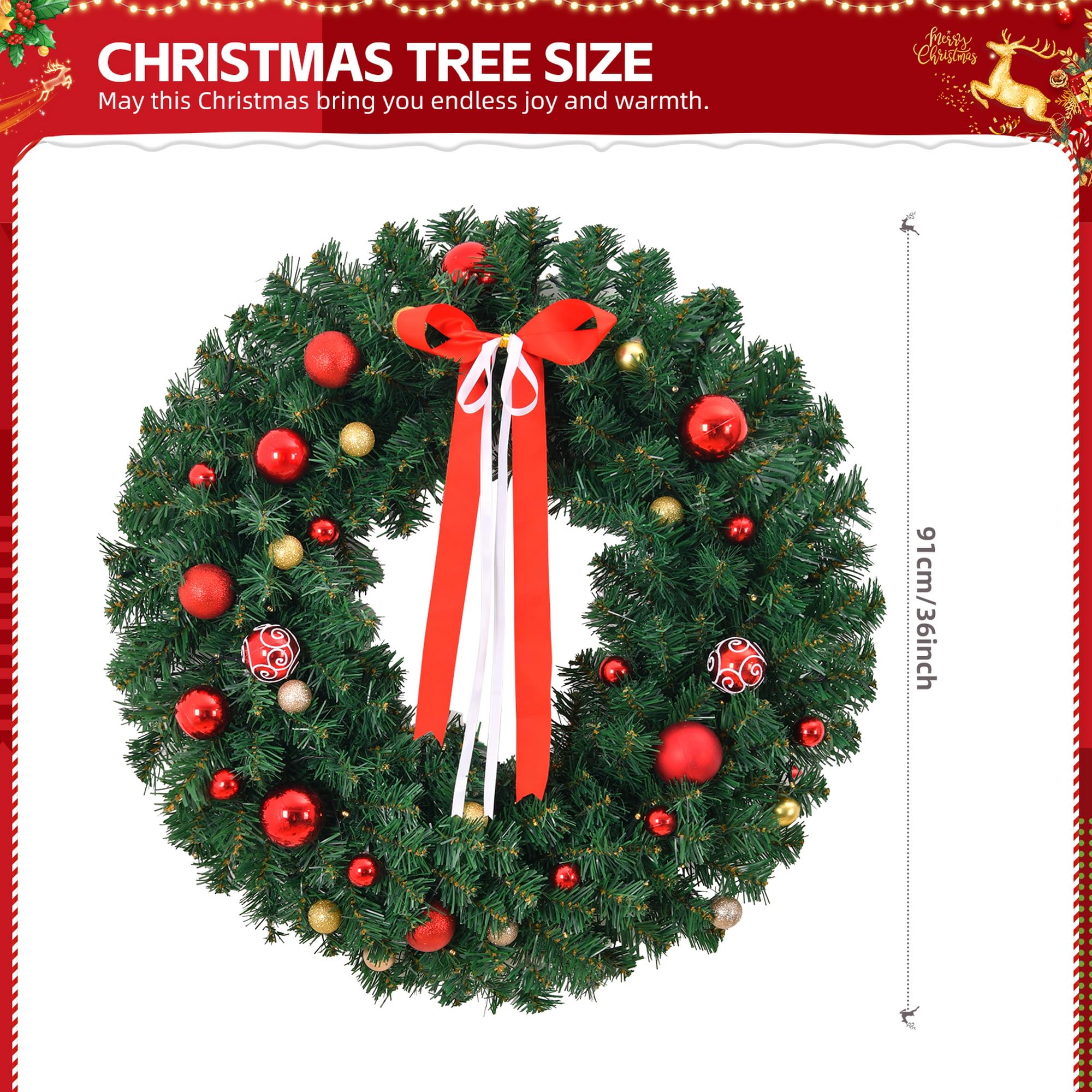 Karl home Couronne de Noël artificielle pré-éclairée alimentée par piles avec 80 lumières chaudes et 270 embouts en PVC et 18 décorations à faire soi-même, pour porte d'entrée, mur, décoration de fête