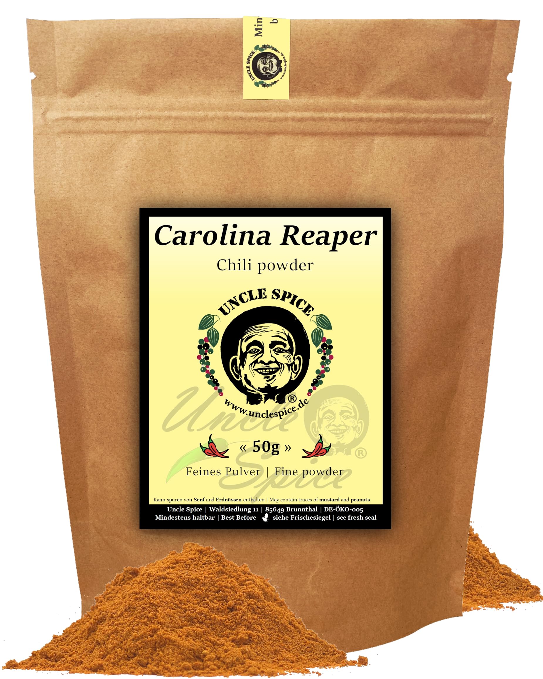 UNCLE SPICE® Carolina Reaper Pulver - 50g schärfste Chili der Welt fein gemahlen in Premiumqualität - GRINGO KILLER - Chilischoten in Pulver, Chilipulver - 1.5 Mio Scoville - EXTREM SCHARF