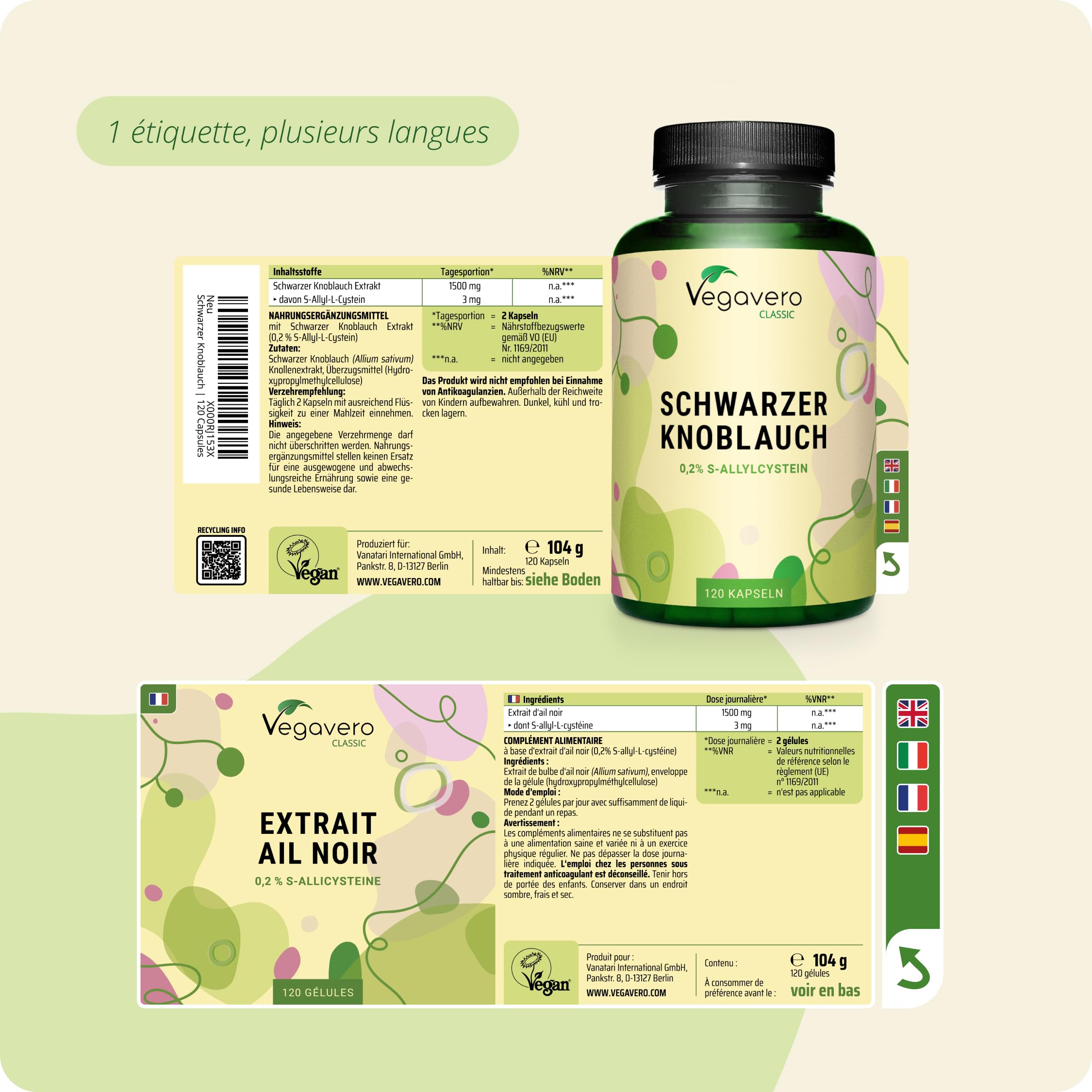 AIL NOIR Fermenté 22.500 mg/jour | Avec 0,2% S-allyl-cystéine (SAC) | Sans Additifs & VEGAN | 120 Gélules | Vegavero®