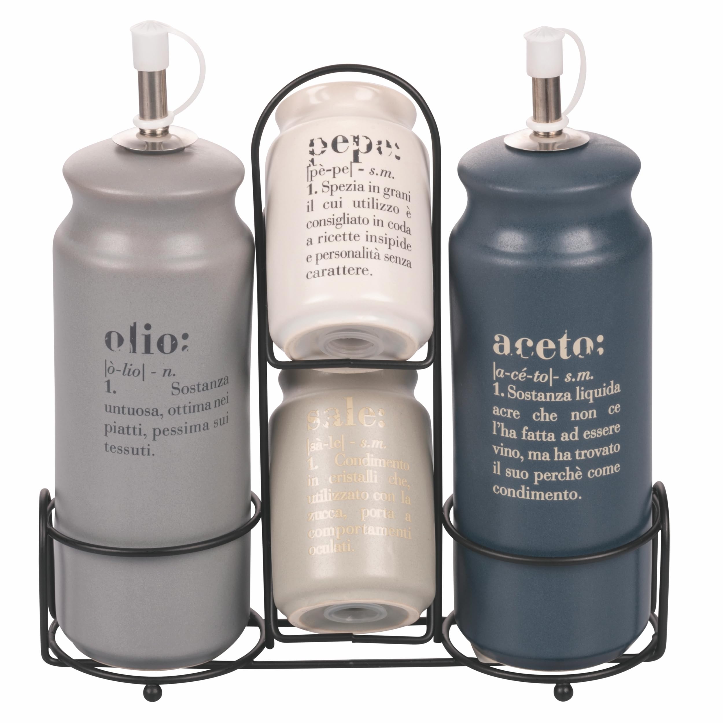 Villa d'Este Home Tivoli Oil Set, Vinegar, Salt and Pepper Stoneware Stand, Stainless Steel, Victionary