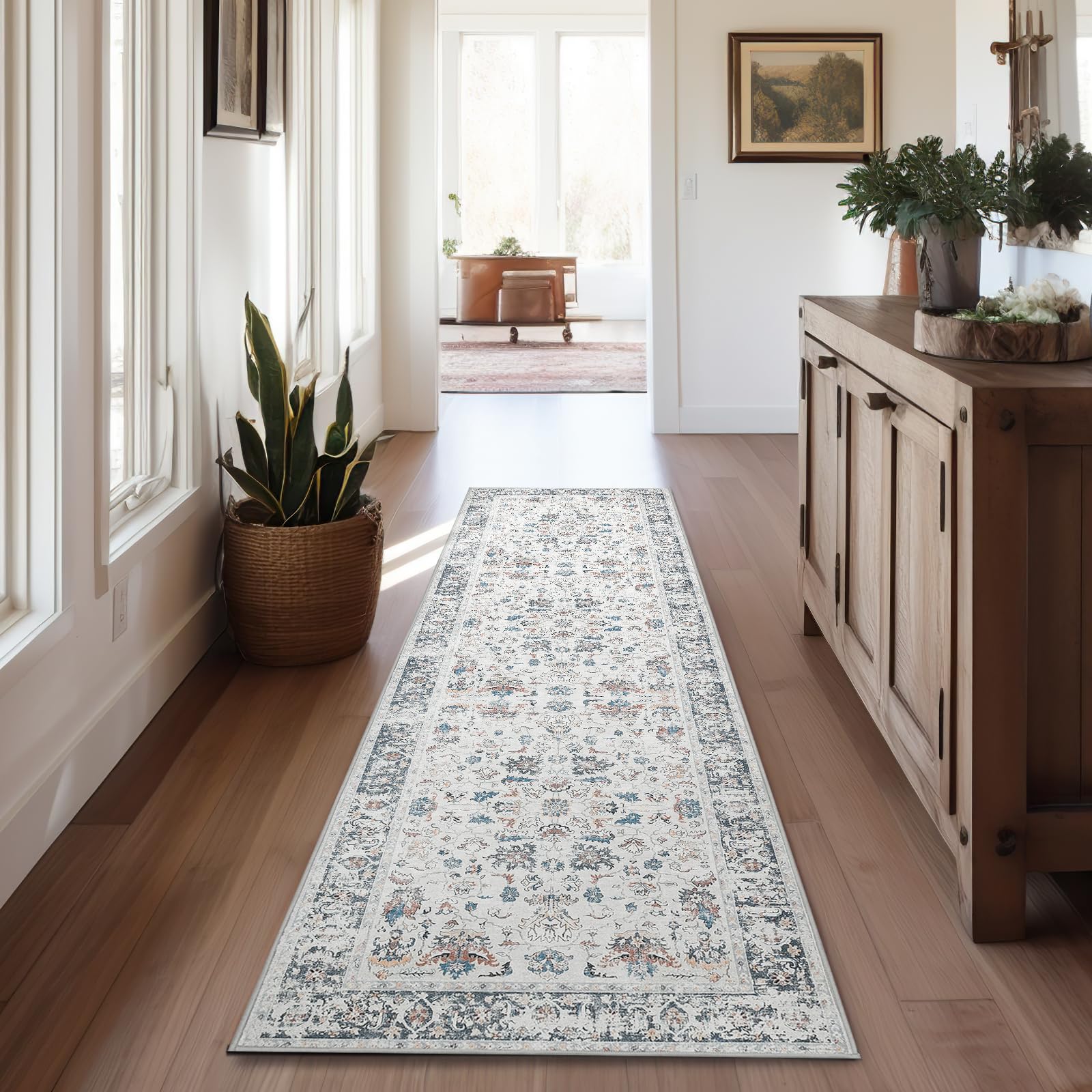 jinchan Hallway Runner Rug 2x7 - Vintage Kitchen Rug Washable Runner Floral Boho Floor Cover Lightweight Non Slip Thin Retro Distressed Carpet for