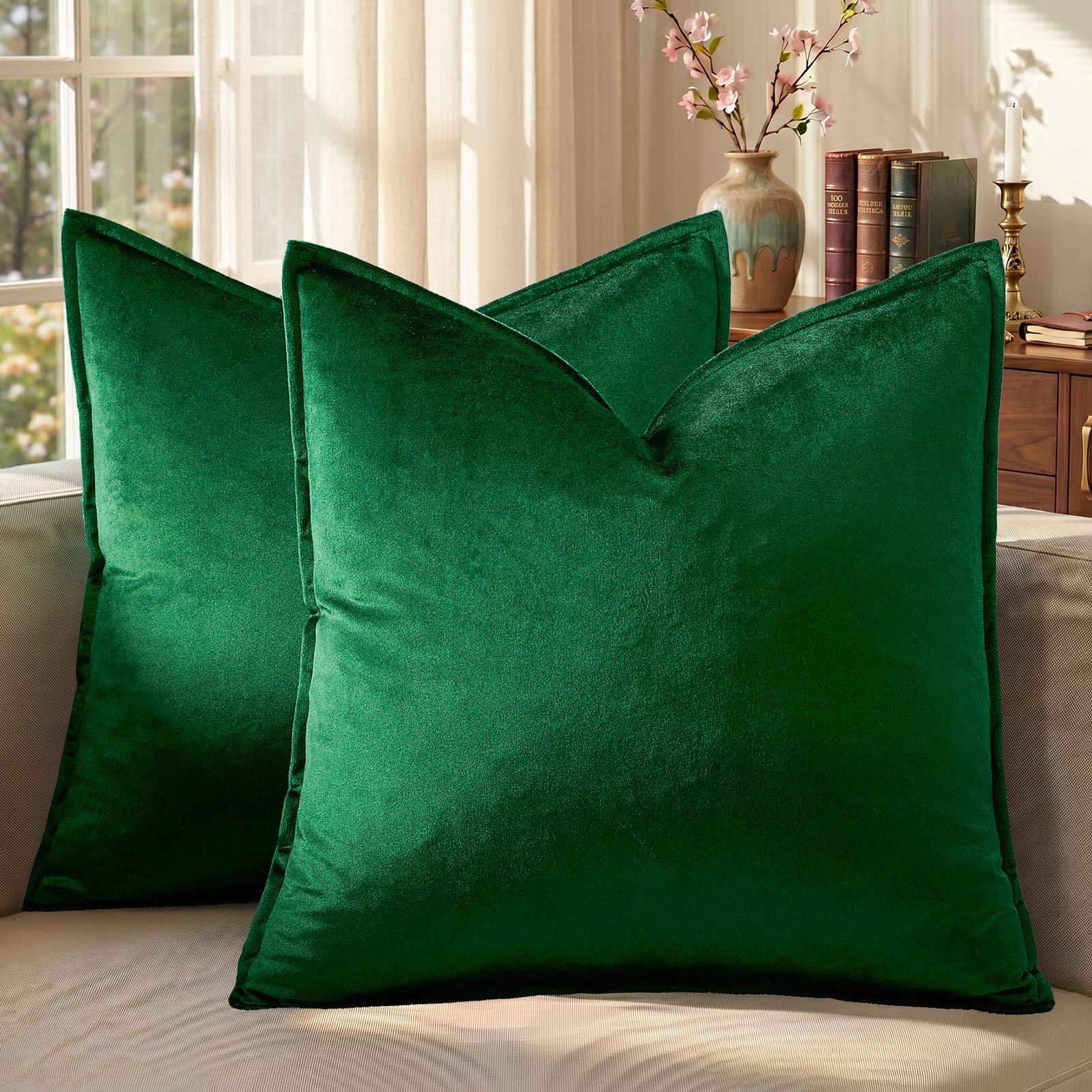 Ommato Green Cushion Covers 50Cm X 50Cm Square Velvet Decorative Throw Pillow Covers For Couch Sofa Living Room 20X20 Inch 2 Pack