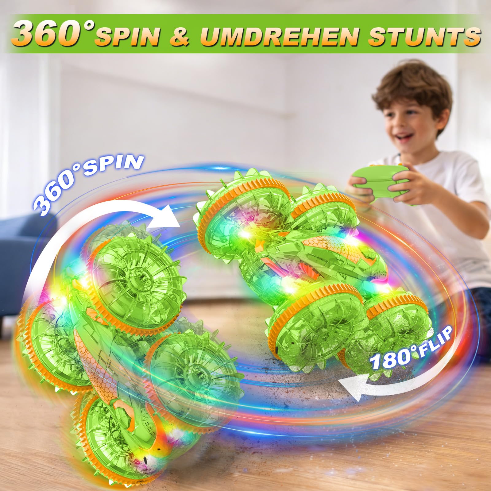 MidiVix Macchina anfibia telecomandata, 90 minuti di gioco, 2,4 GHz, double-face, con luce LED, rotazione a 360°, piscina e attività all'aperto, regalo per bambini da 6 a 12 anni, verde e arancione