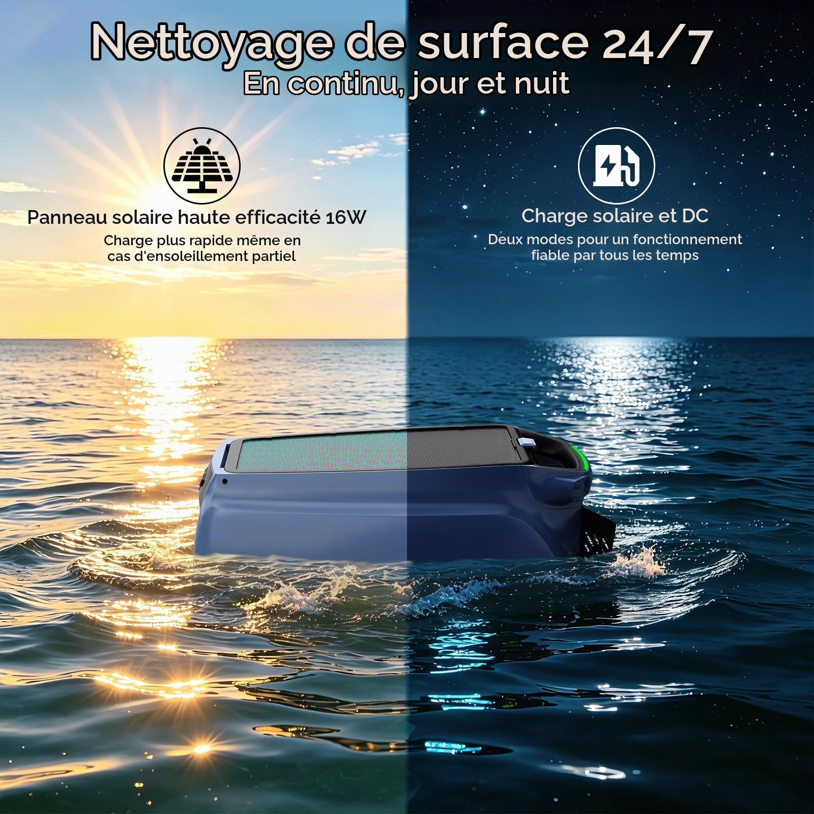 PS100 Robot Skimmer de Piscine Solaire, Robot Piscine sans Fil avec APP, Nettoyage de Surface 24/7, Panier de 6 L, Charge Solaire & Secteur, Détection d'obstacles, Suivi Solaire Actif