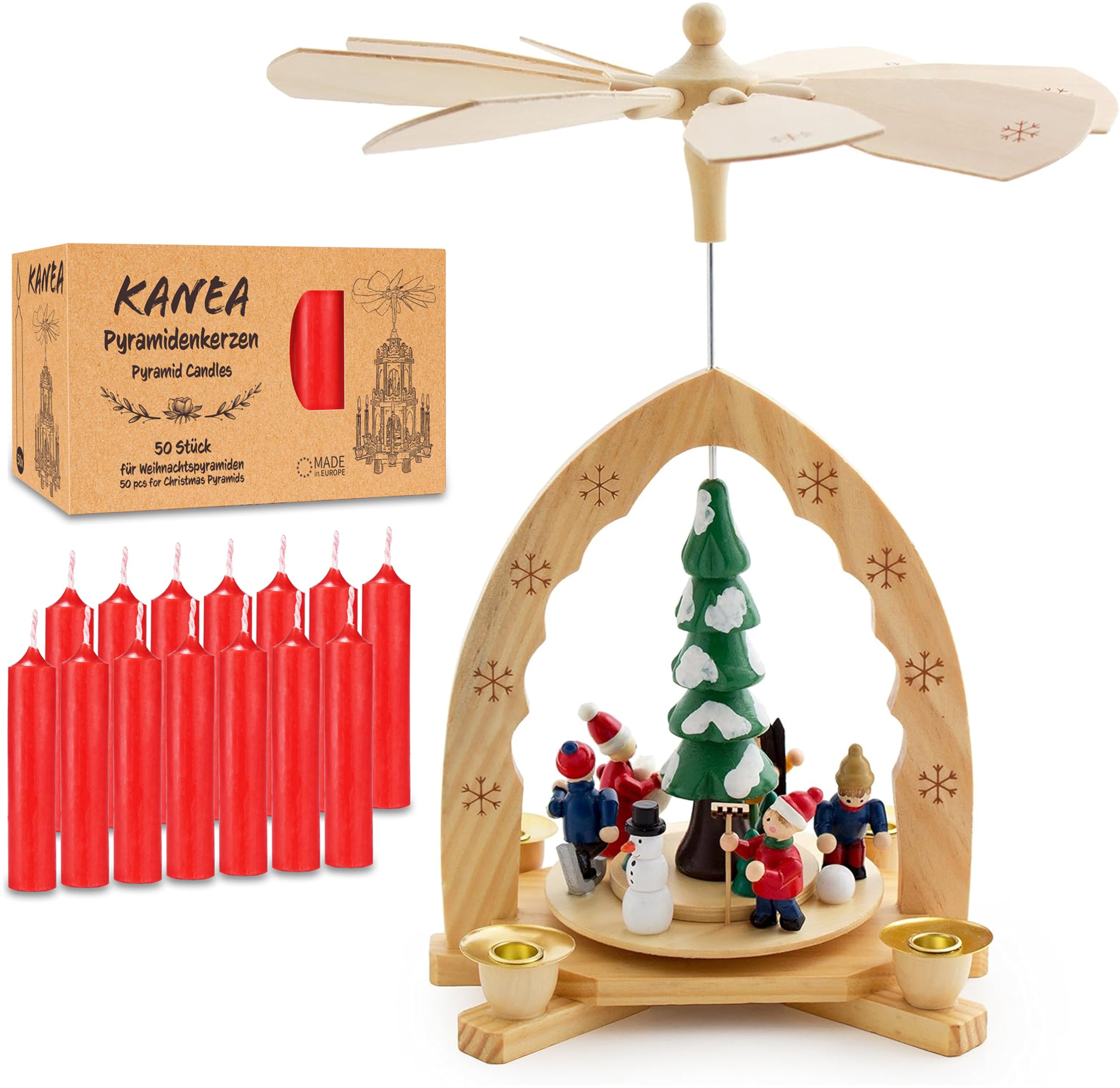 BRUBAKER Weihnachtspyramide inkl. 50er Pack Pyramidenkerzen Rot - 30 cm Holzpyramide Weihnachtsbaum mit Winter Szene - 1-stöckige Pyramide Weihnachten - Tischpyramide mit Holz Figuren Handbemalt