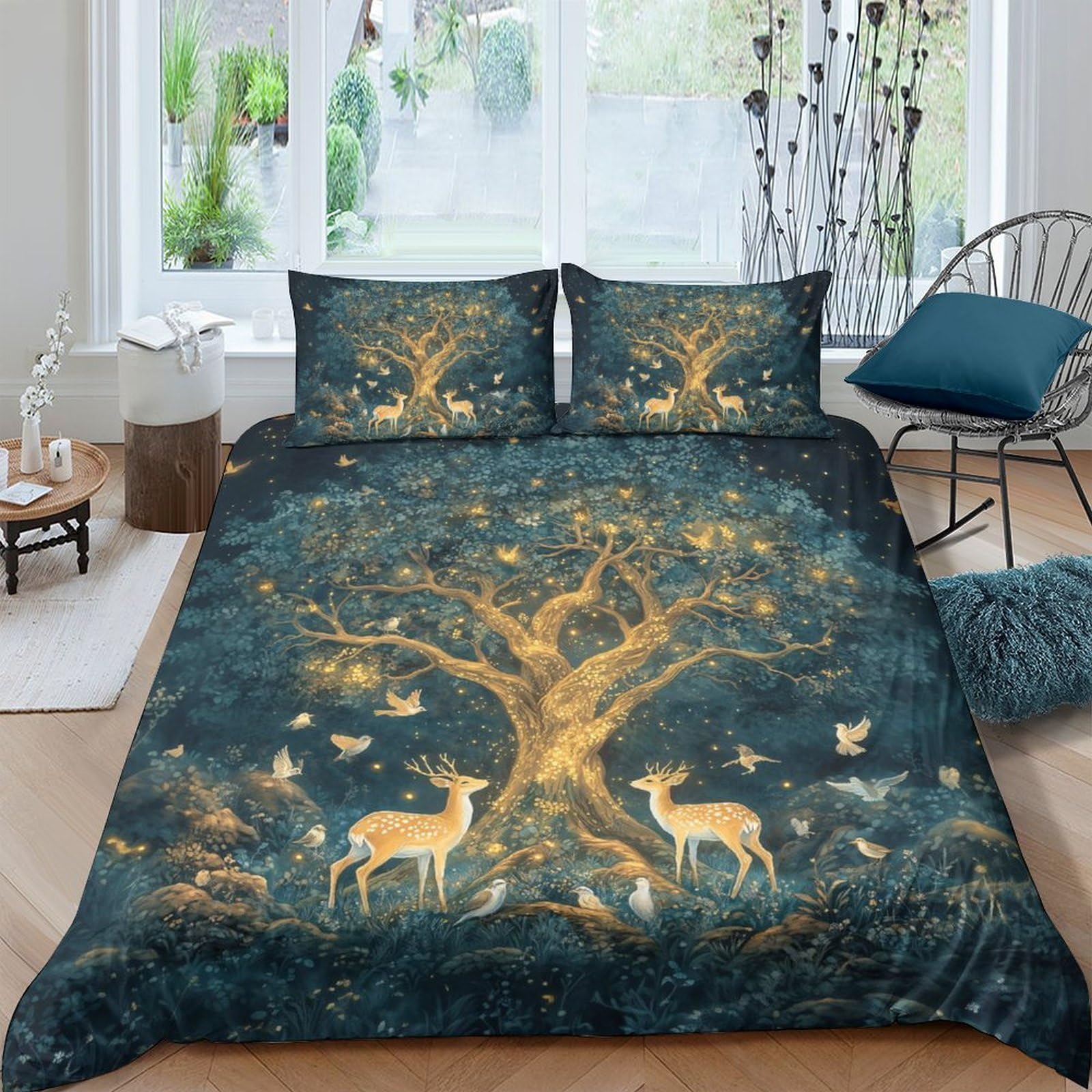 Ctjqhvkz Style-3 3D Printed Golden Tree Fitted Sheet Microfiber Soft Deer Forest Bed Cover For Bedroom Guest Room Home Decor Anti-Dust Single（135X200cm）