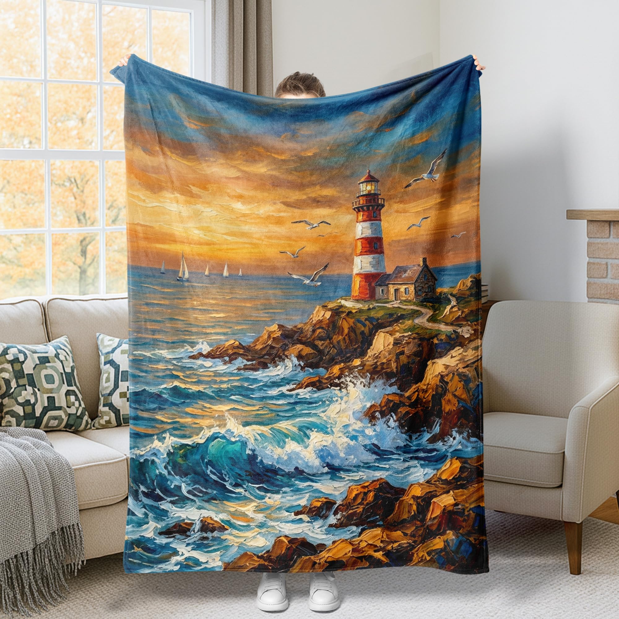 Couverture légère motif phare plaid bleu vagues réalistes lit et canapé