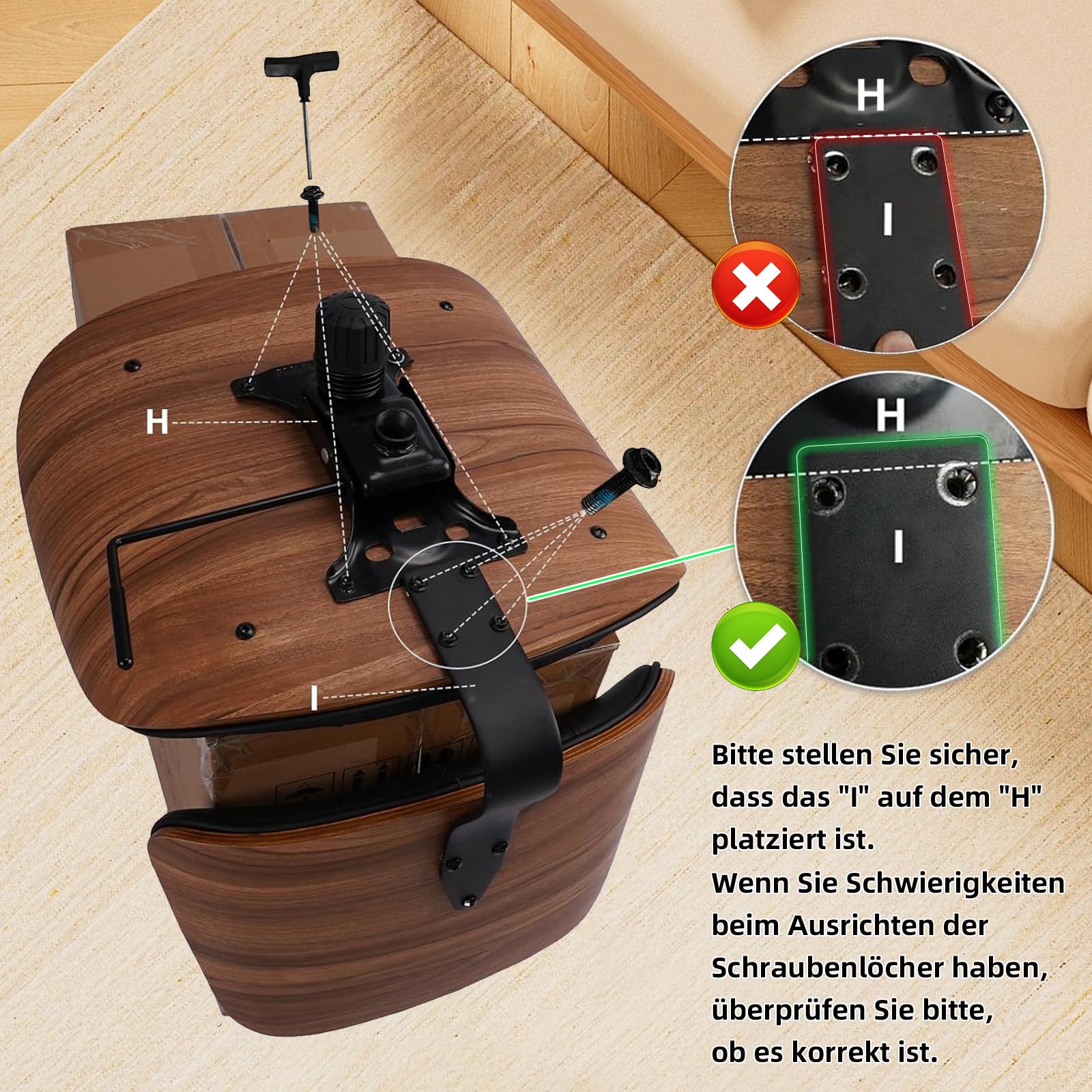Durrafy Bürostuhl ohne Armlehnen, PU-Leder Schreibtischstuhl mit Walnusssockel, Moderner Drehstuhl für Homeoffice, höhenverstellbar mit Wippfunktion, bis 136 kg belastbar, 360° drehbar, Schwarz-Braun