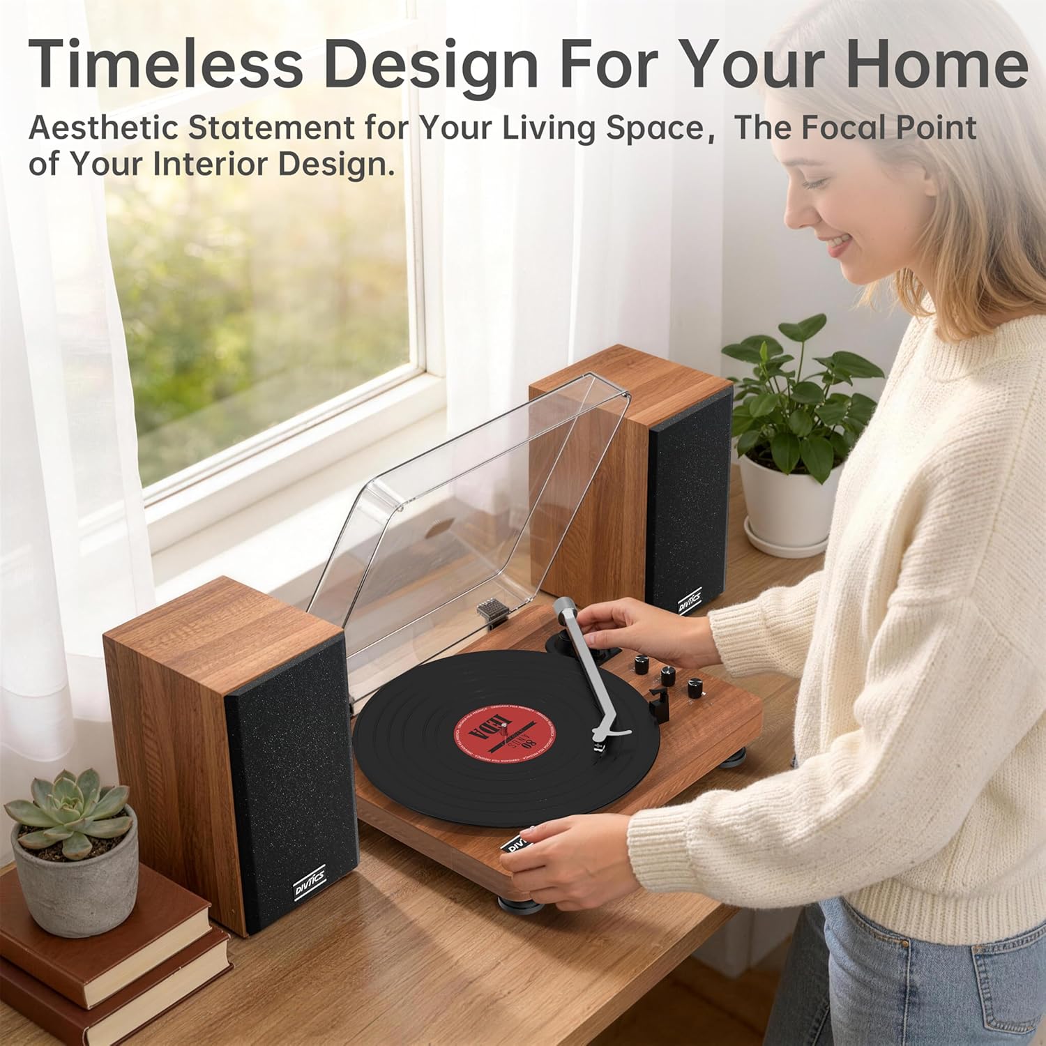 Vintage Split Turntable, 56W HiFi Bluetooth Record Player with Separated Bookshelf Speakers, All-Aluminum Platter & Tonearm, Premium Vinyl Player for Home Decor & Audiophile