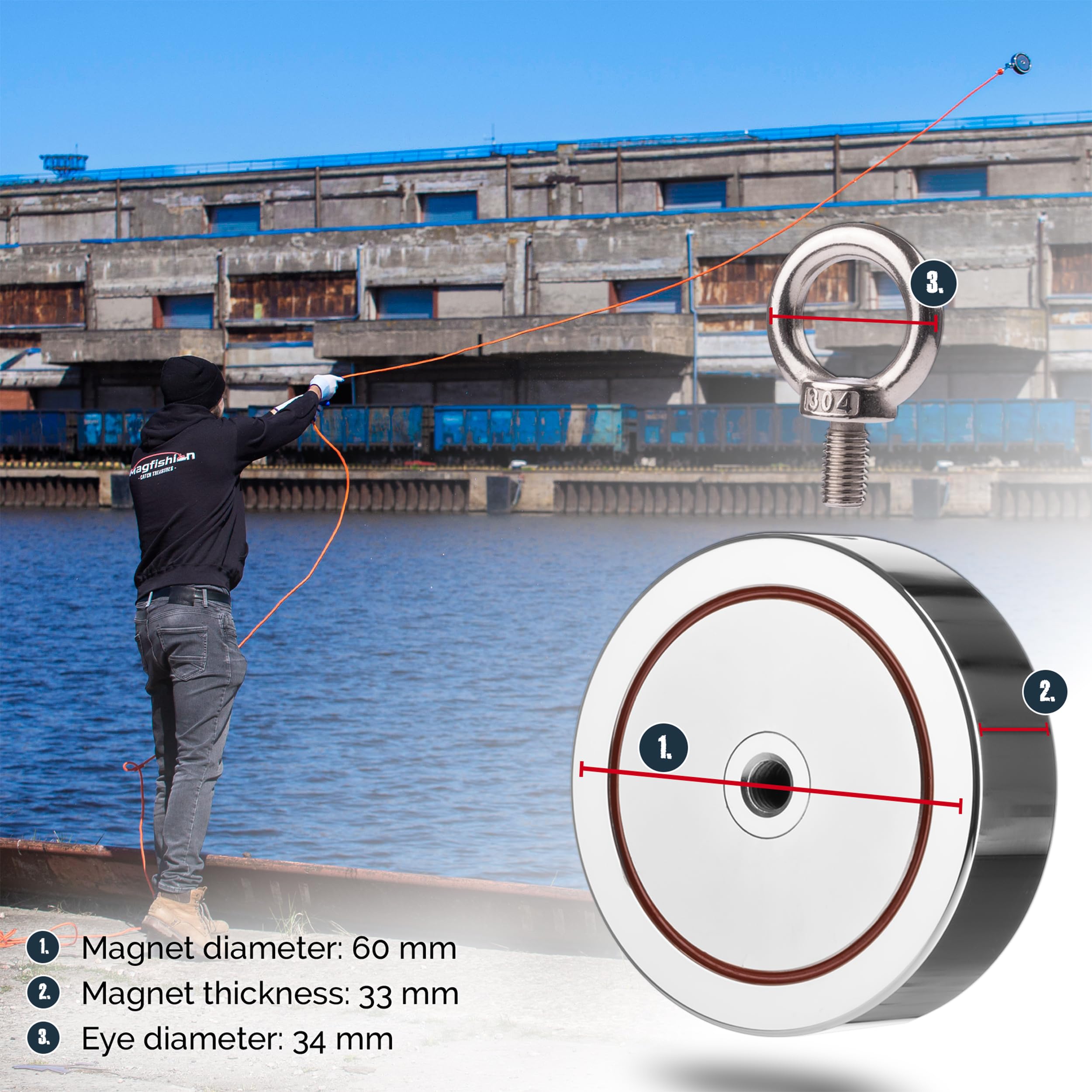 MAGFISHION Dwustronny Zestaw do Magnetycznego Wędkarstwa - Siła Przyciągania 300KG (2x 150kg) - Ø60mm - Magnes Neodymowy - Z Ciemnopomarańczową Liną (20M) & Rękawice - Magnes Ryba