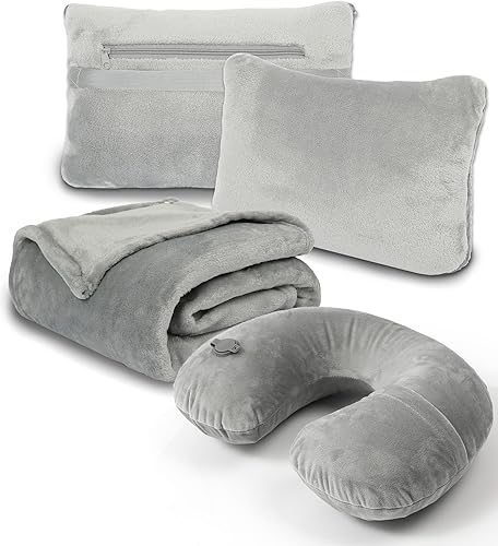 Juego de manta y almohada de viaje  Almohada inflable para el cuello de viaje con funda suave lavable, manta suave de avión de primera calidad con