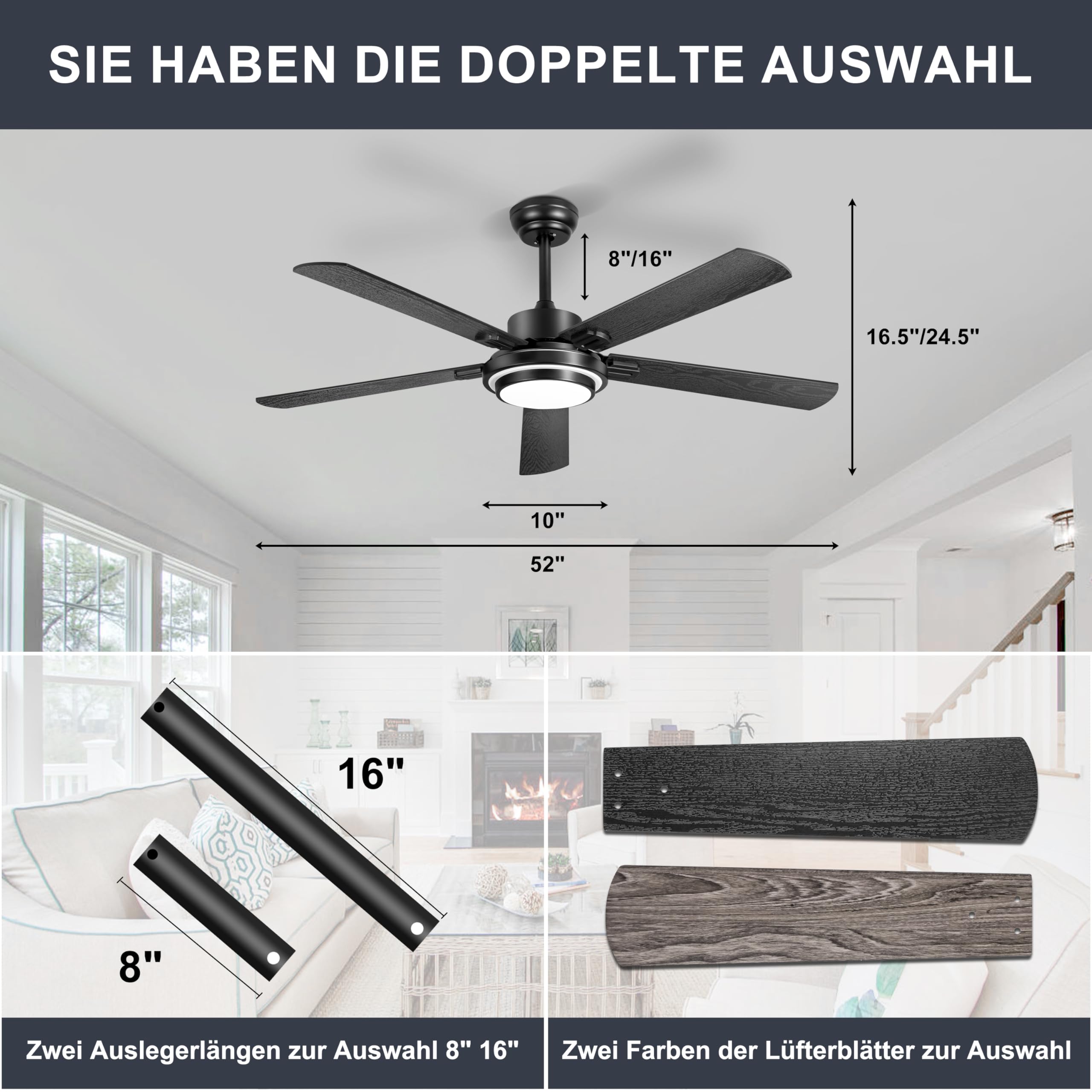 Ohniyou 52 Zoll (132cm) Deckenventilator mit Beleuchtung und Fernbedienung, App-Steuerung, Dimmbar, Umkehrbar, Leiser DC-Motor, Schwarzer Innen-/Außen-Deckenventilatoren für Schlafzimmer Terrasse