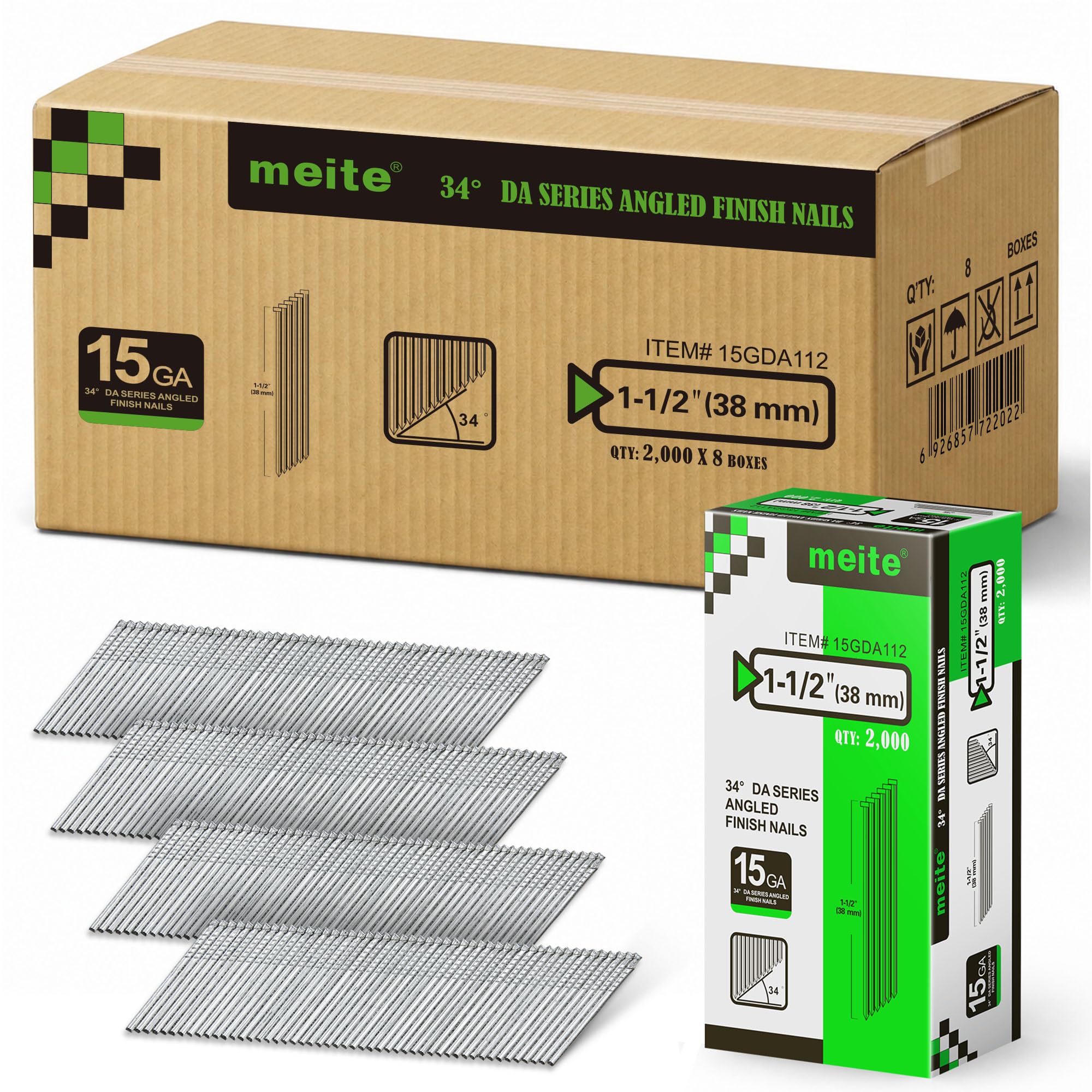 meite 15 Gauge Angled Finish Nails 1-1/2 Inch 34 Degree Galvanized 16000PCS