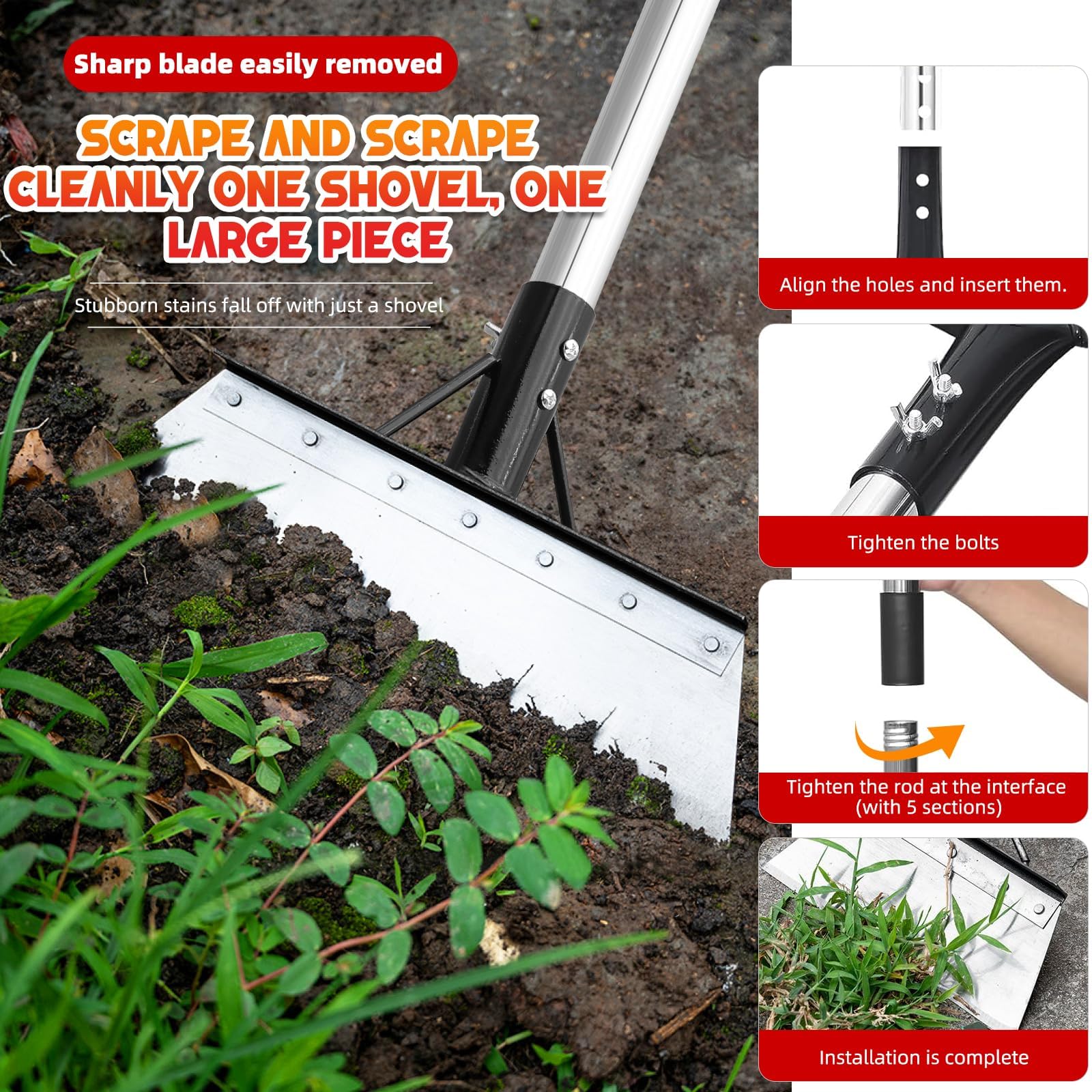 Pala de jardín con mango ajustable de 5 secciones de 200 cm y guantes, azada de acero inoxidable resistente, hoja de 38 cm de ancho para jardinería, paisajismo, nieve y eliminación de tierra