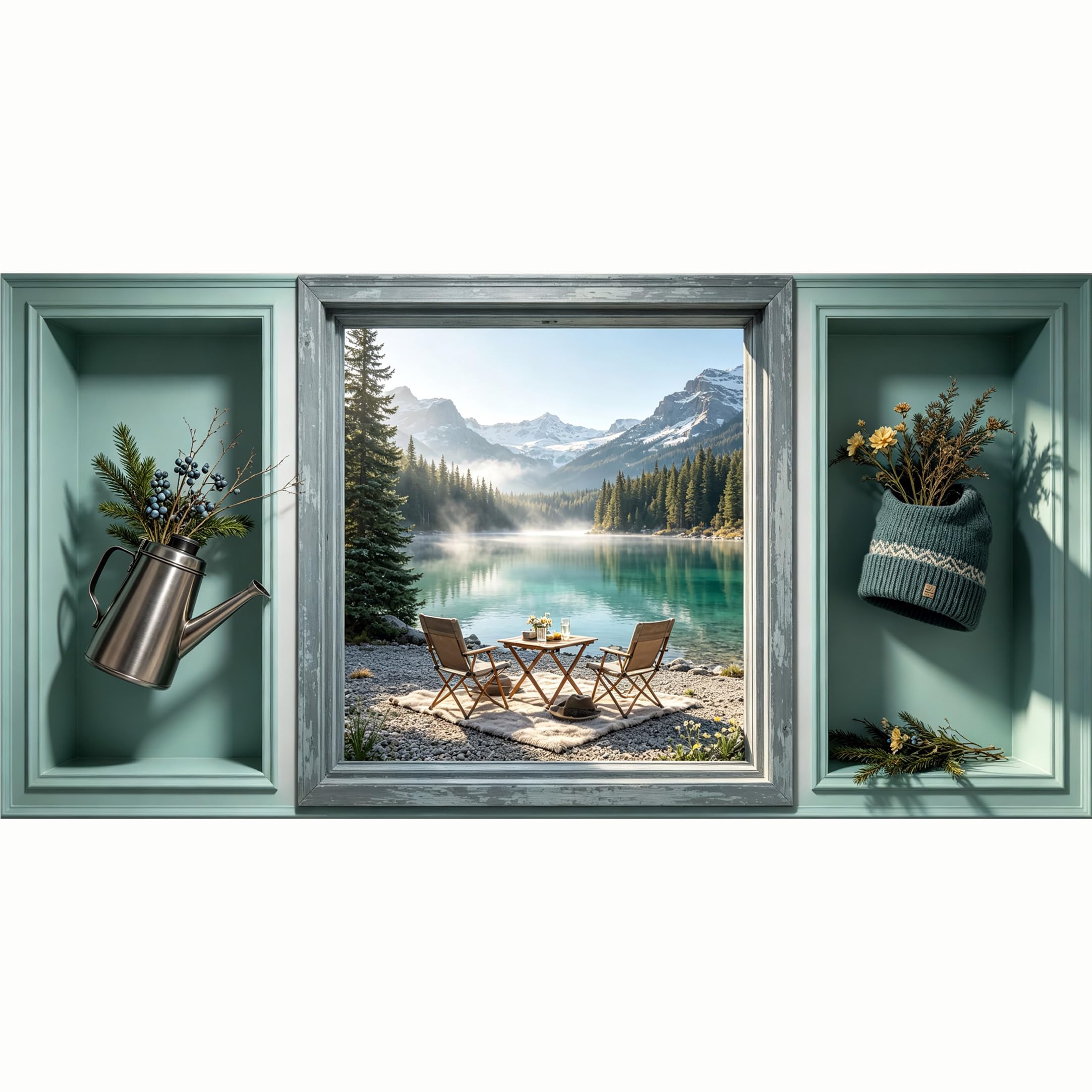 QZLITHOTIC 50x100cm 3D Framed Wall Art， Scenic Mountain Lake Landscape 3D Trompe l'oeil SelfAdhesive Mural， WaterActivated Peel & Stick Fabric Decor Wall Decal for Bedroom Living Room