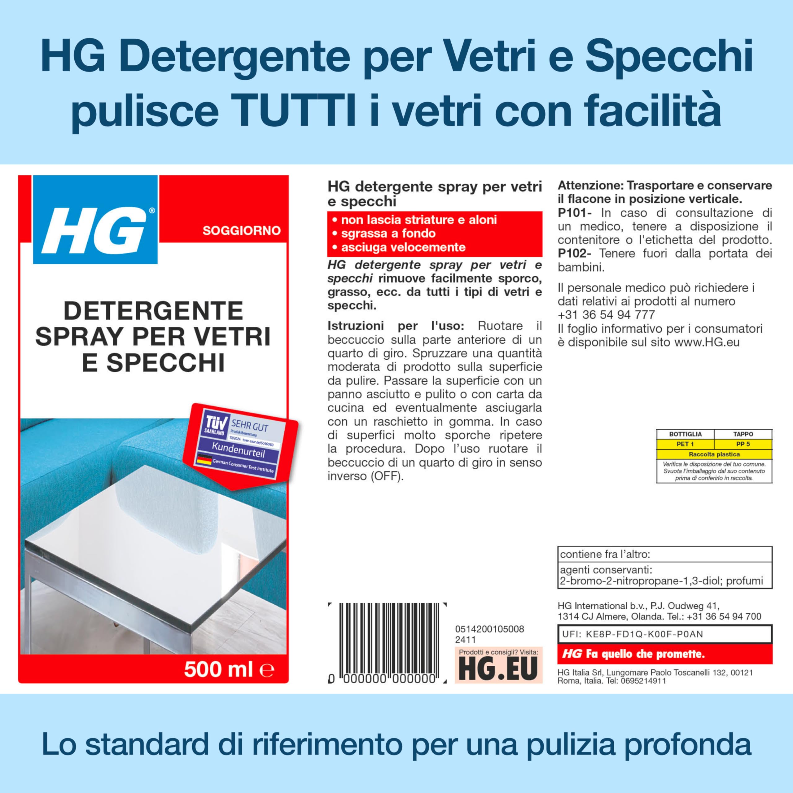 HG Nettoyant spray pour vitres, fenêtres et miroirs, élimine efficacement la graisse et la saleté, 500 ml (142050106)