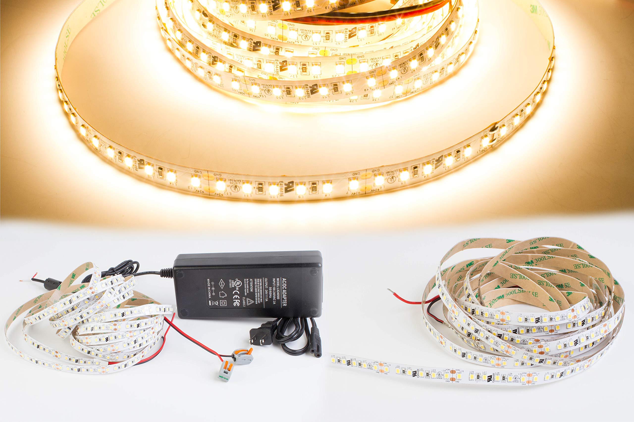 95 CRI LED STRIP Light 600 LED chip per roll Highest Brightness 2835 LED chip 6000K 4000K 3000K with 24v UL Listed Power Supply (3000K Warm White)