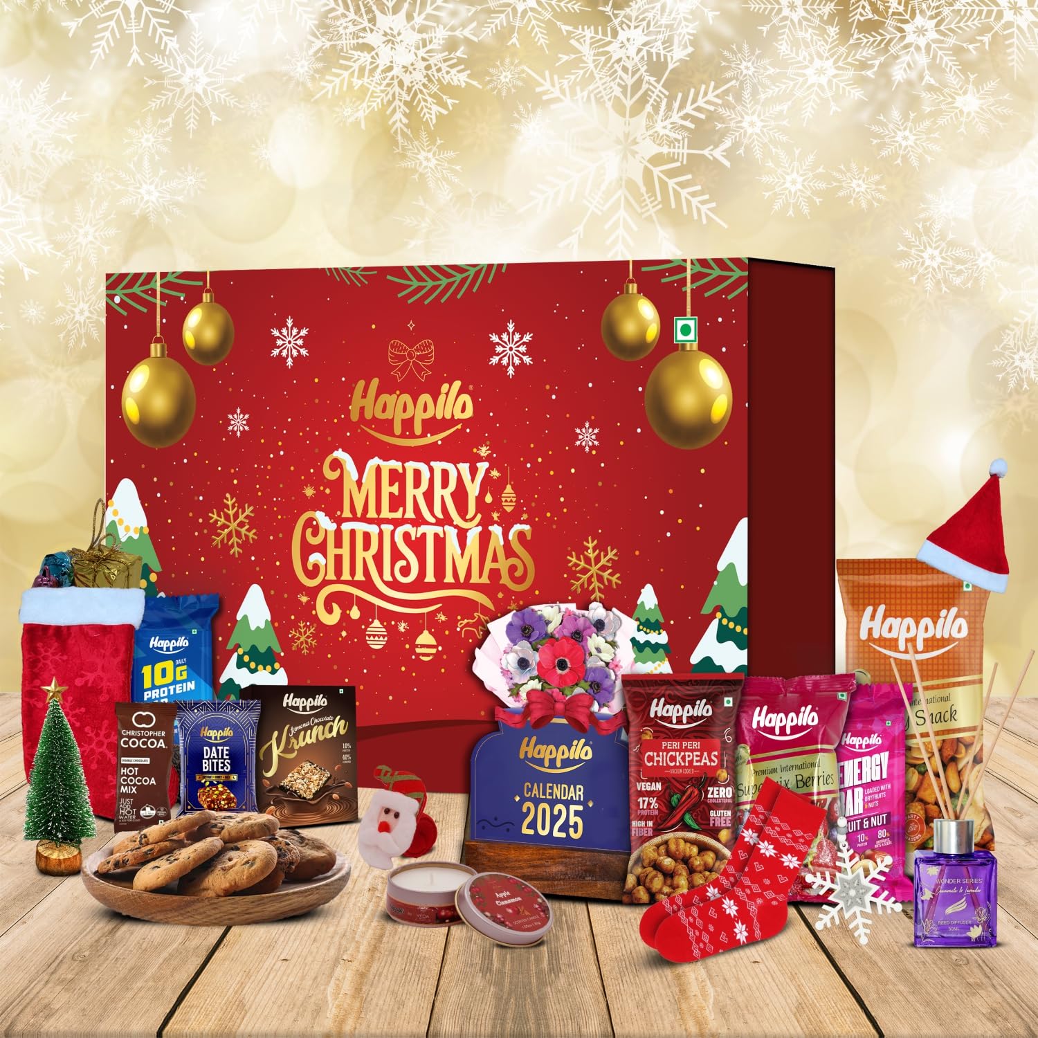 Happilo Christmas Gift Box Rudolph 500g, Festive Treats & Snacks, Santa Hat, Reed Diffuser, Calendar, Pair Of Socks, Stocking, Candles, Snowflake, Hand Band, Tree, Protein Bars, Cookies and Dry Fruits-image-5