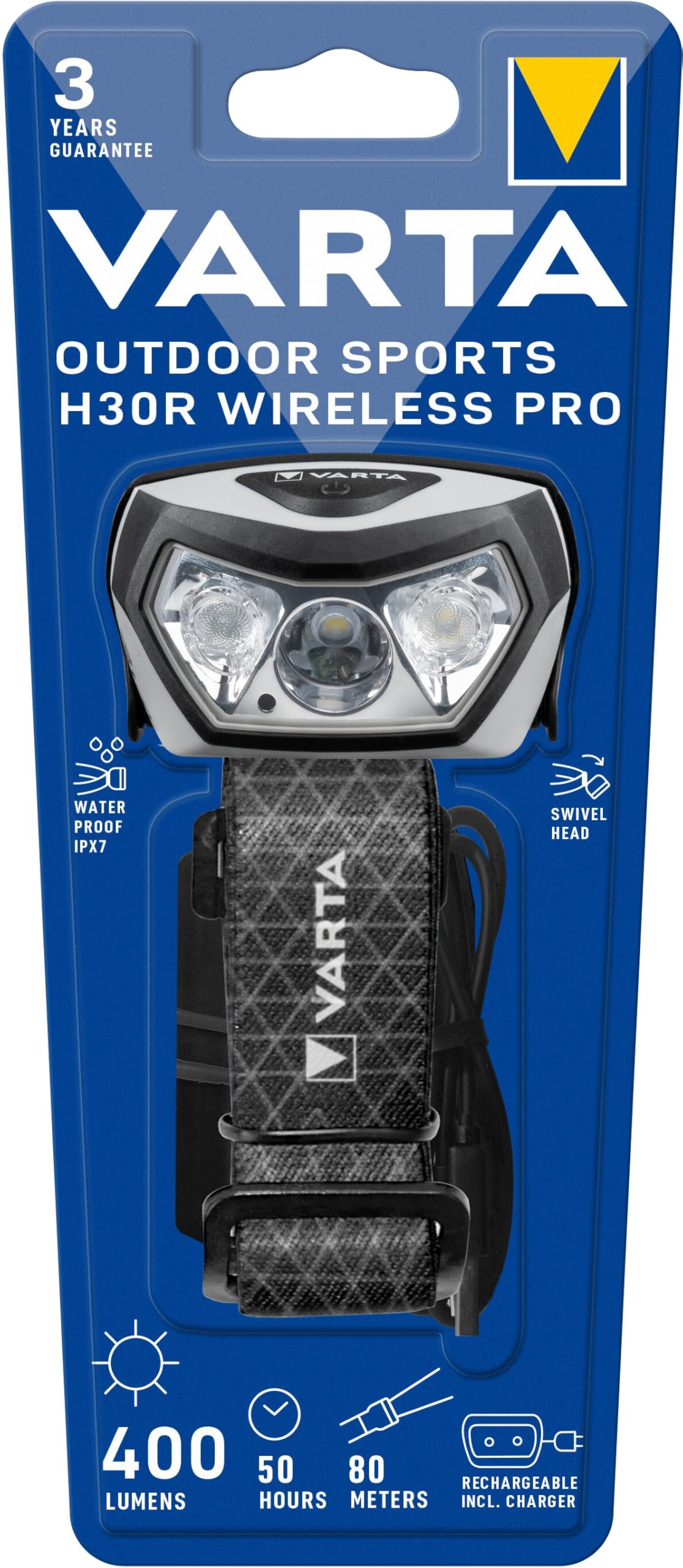 VARTA Stirnlampe LED, wiederaufladbare Kopflampe, Outdoor Sports H30R Wireless Pro, kabelloses Laden, wasserdicht, schwenkbarer Kopf, Dimmfunktion, ideal für Camping, Joggen, Wandern | Outdoor Sports H30R Wireless Pro, schwenkbarer Kopf, Dimmfunktion, für