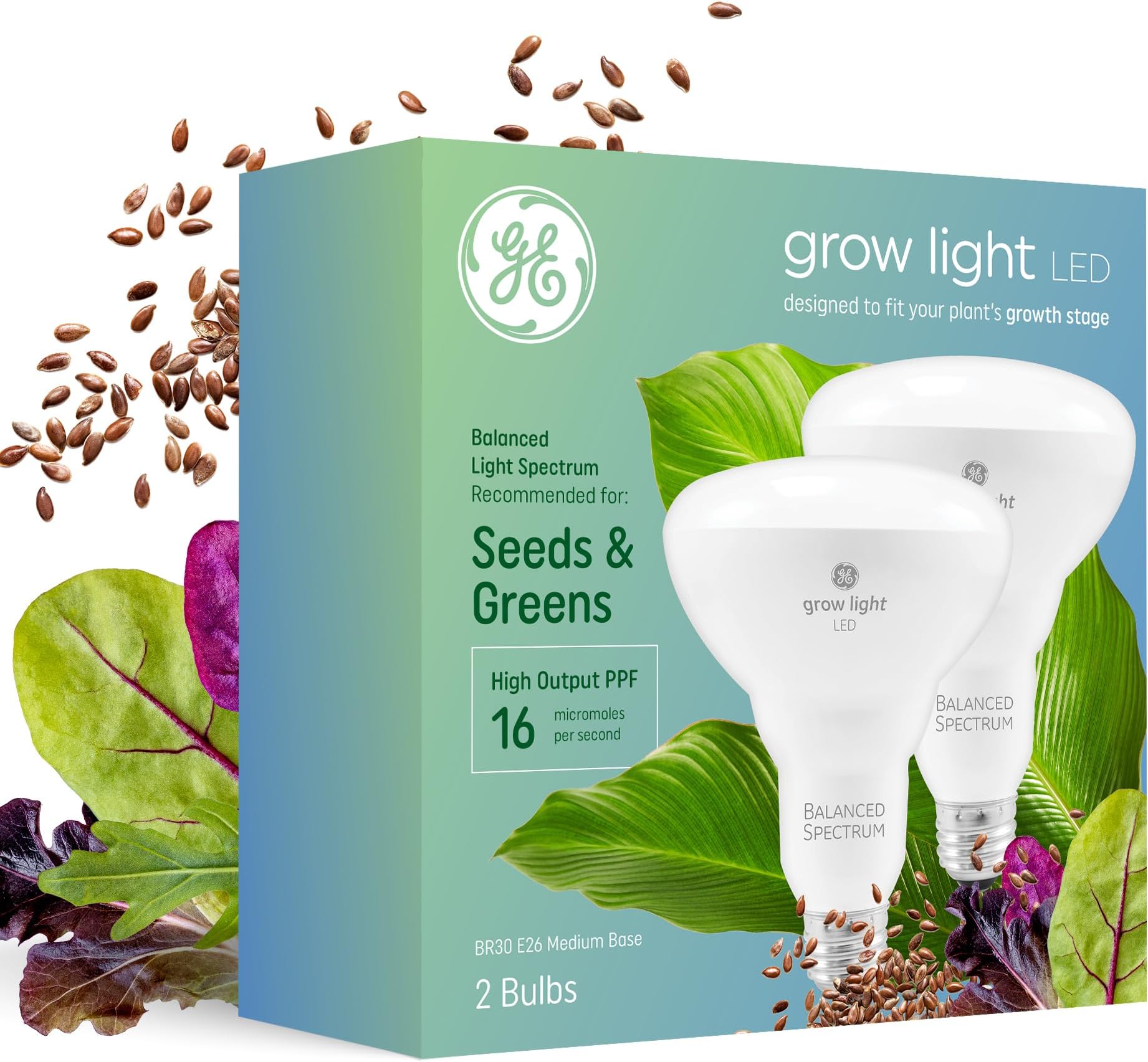 Lighting Grow Light for Plants, LED Light Bulb for Seeds and Greens with Balanced Light Spectrum, BR30 Floodlight (2 Pack)