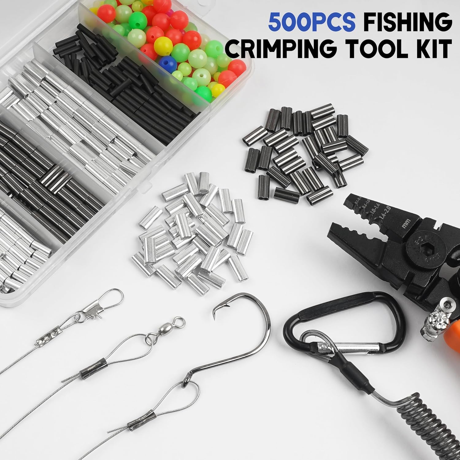 Fishing Crimping Tool Kit Fishing Crimping Pliers 500pcs Crimp Sleeves Set Hand Crimper Plier Set High Carbon Steel Fishing Plier Fishing Beads Wire Rope Leader Crimping Tool