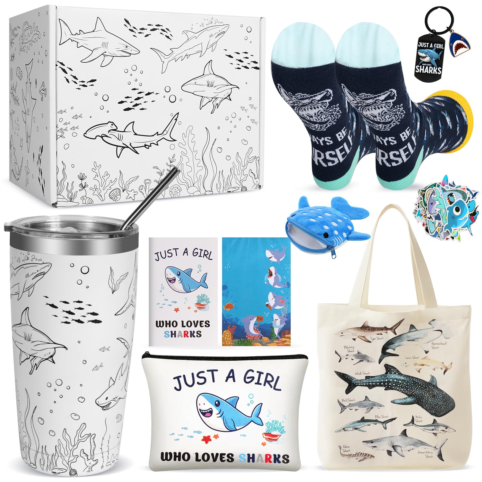 Shark Gifts for Women, 9 Pcs Shark Lovers Gift for Girls Including Tumbler Tote bag Makeup Bag Shark Coin Purse Socks Notepad Keychain Sticker Gift