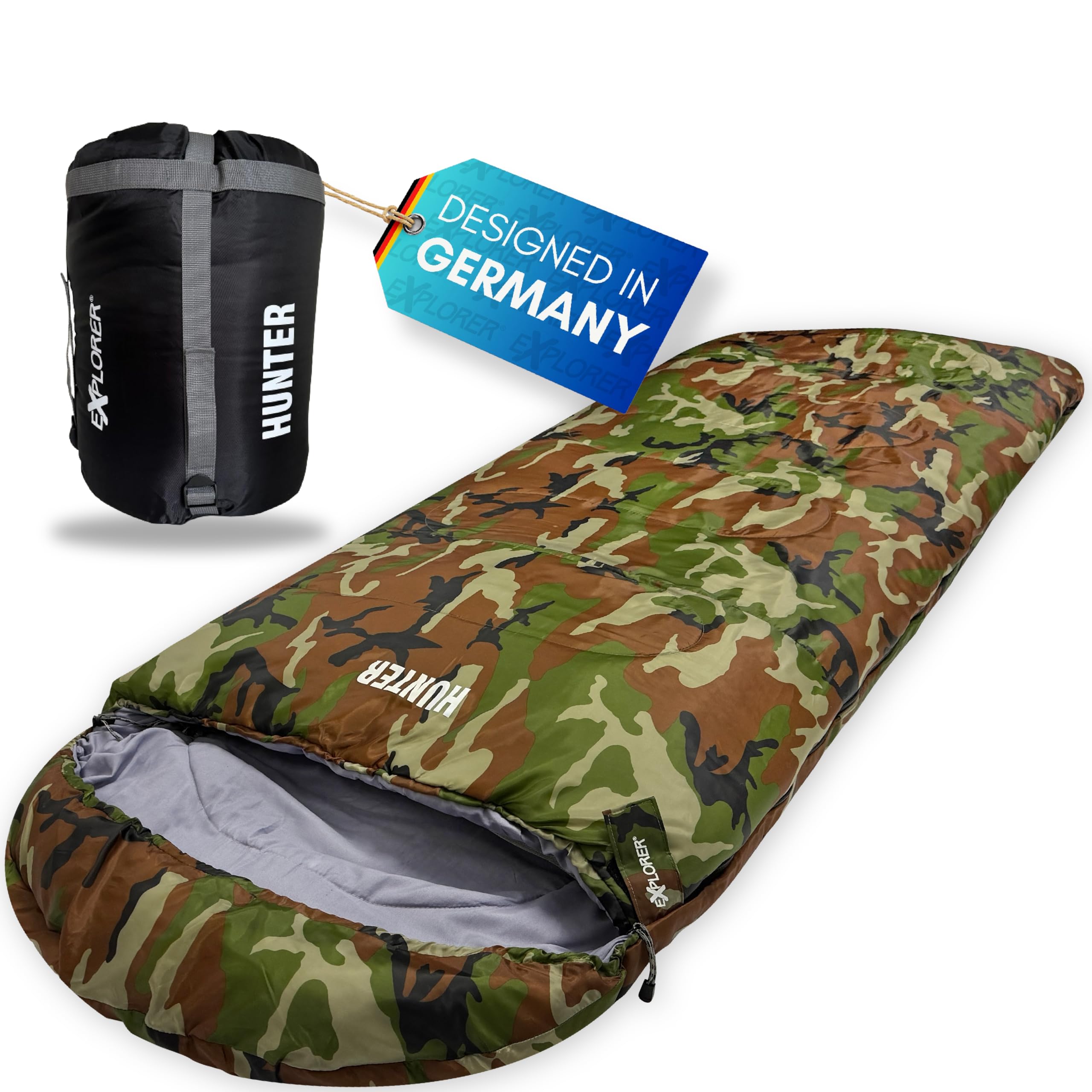 EXPLORER Camouflage Schlafsack [350GSM] 1950g Extremtemperatur bis zu -18°C in Tarnmuster BW Schlafsack XXL 220x80cm für Camping, Angeln, Outdoor, Jagd. 4-Jahreszeiten-geeignet