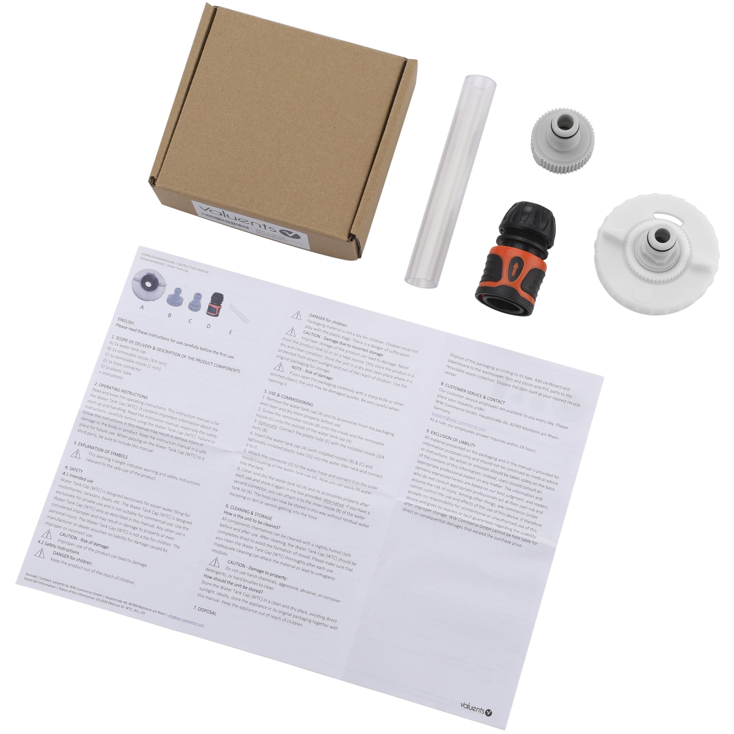 tappo per serbatoio dell' acqua – 3 perni diametro 78 mm – bianco – per camper con tubo per il bocchettone dell'acqua +Plus: adattatore per tubo dell'acqua