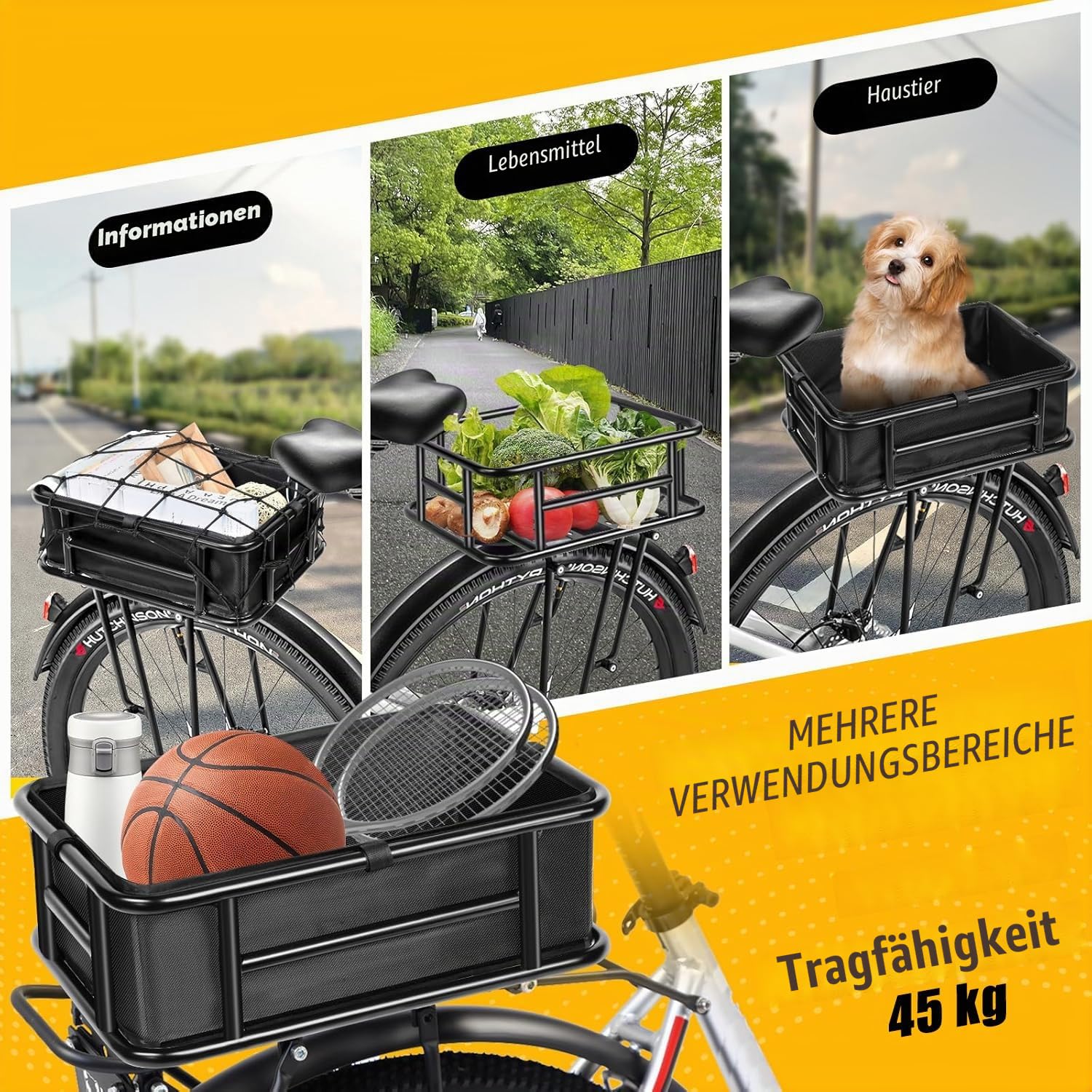 Fahrradkorb Hinten, Fahrradkorb Groß mit Eine Dicke Futterung, Ladungsnetz und wasserdichte Abdeckung, 46×32×15 cm