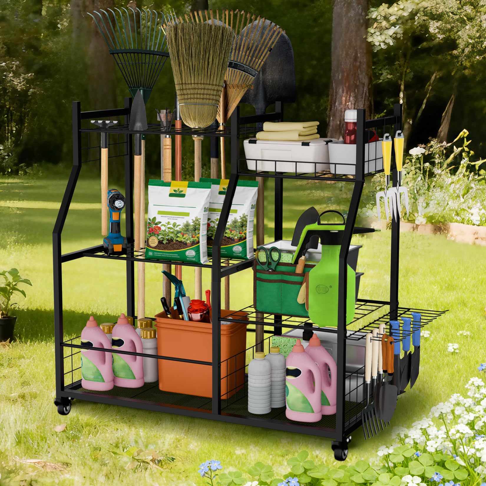 unho Estantería para Herramientas de Jardín con Ruedas - Estantería de Almacenamiento de 3 Niveles para Garaje con 45 Ranuras para Mangos y 30 Ganchos, para Garage, Taller y Exterior