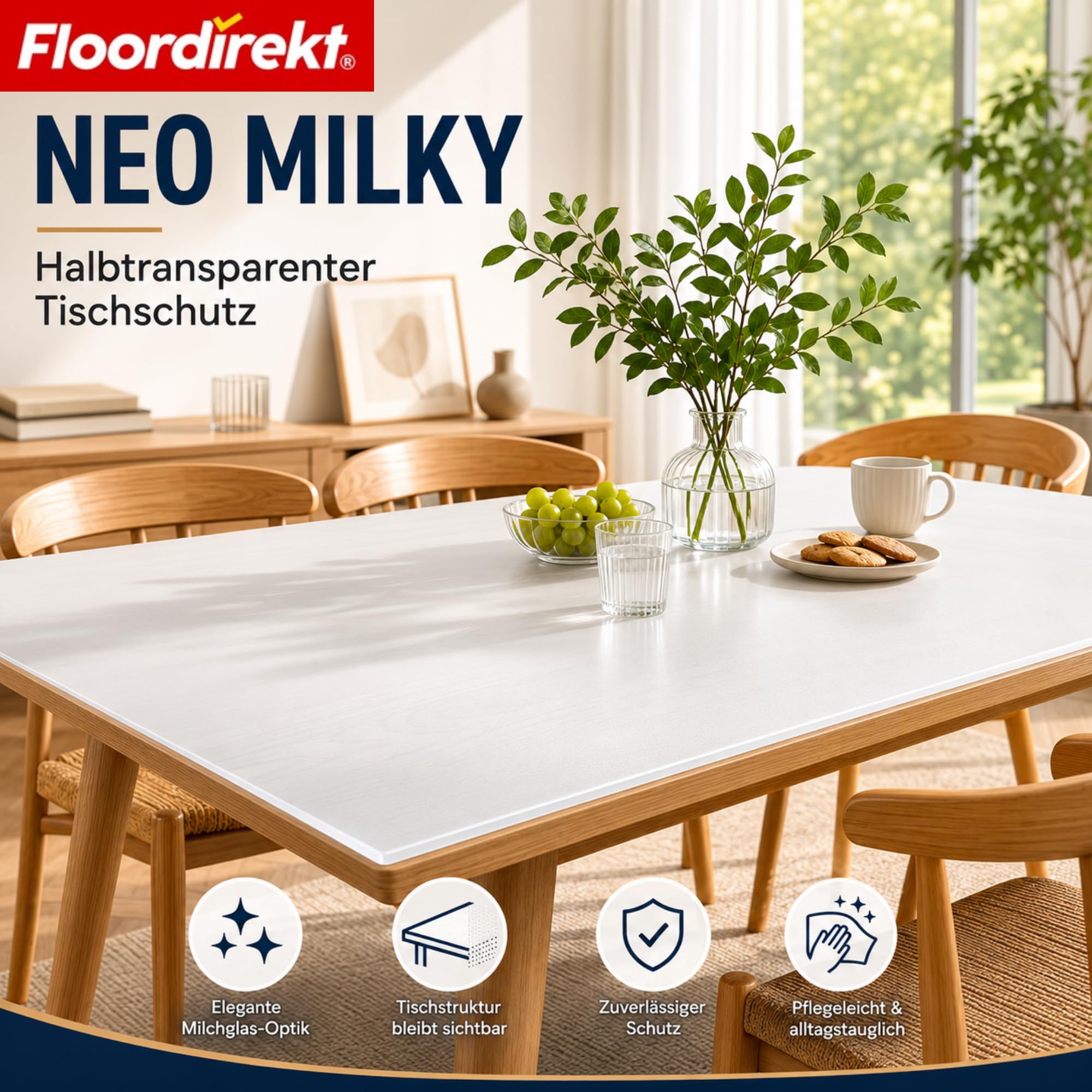 Floordirekt Tischfolie mit Schräger Kante - Neo Milky – Milchweißer Tischschutz nach Maß – Polypropylen (PP), Schräge Kante – Schutz vor Kratzern & Feuchtigkeit – Größe: 90x160 cm