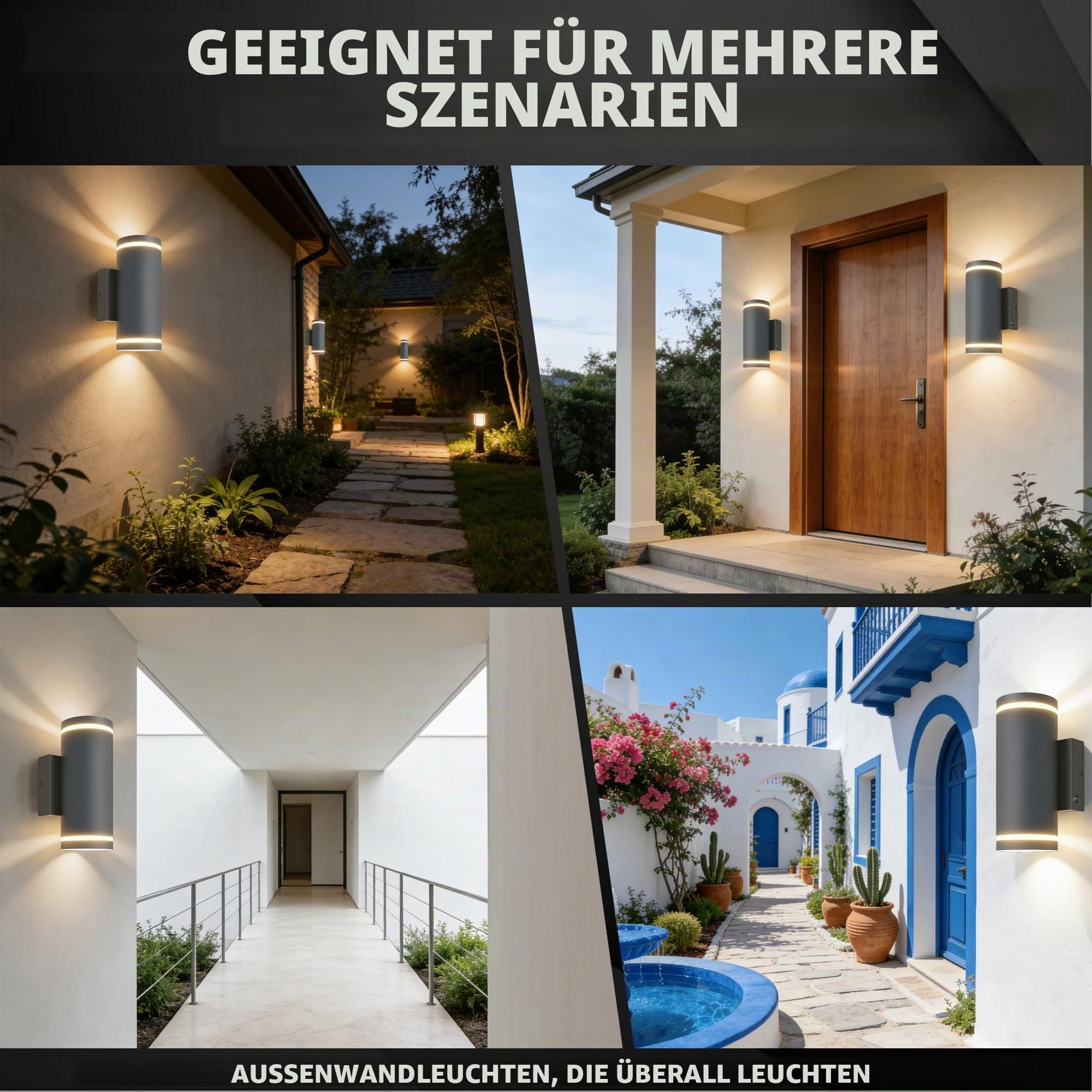JNR Außenlampe mit Dämmerungssensor, Edelstahl Aussenleuchte, Silber 2 Pack | Edelstahl, IP65 Wasserdichte LED Aussenlampe mit Lichtsensor Außen inkl. 2x 5W GU10 3000K Warmweiß Glühbirne